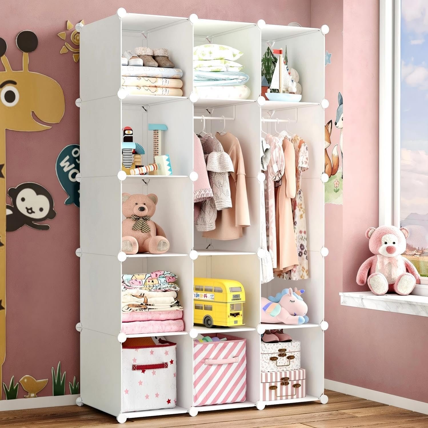 Modular Baby Wardrobe Closet, Portable Children Organizers and Storage for Nursery,15 Cubes with Hanging Rods,Multi-Functional Kids Storage Shelf-Bedroom Clothes Armoire (Boys & Girls)