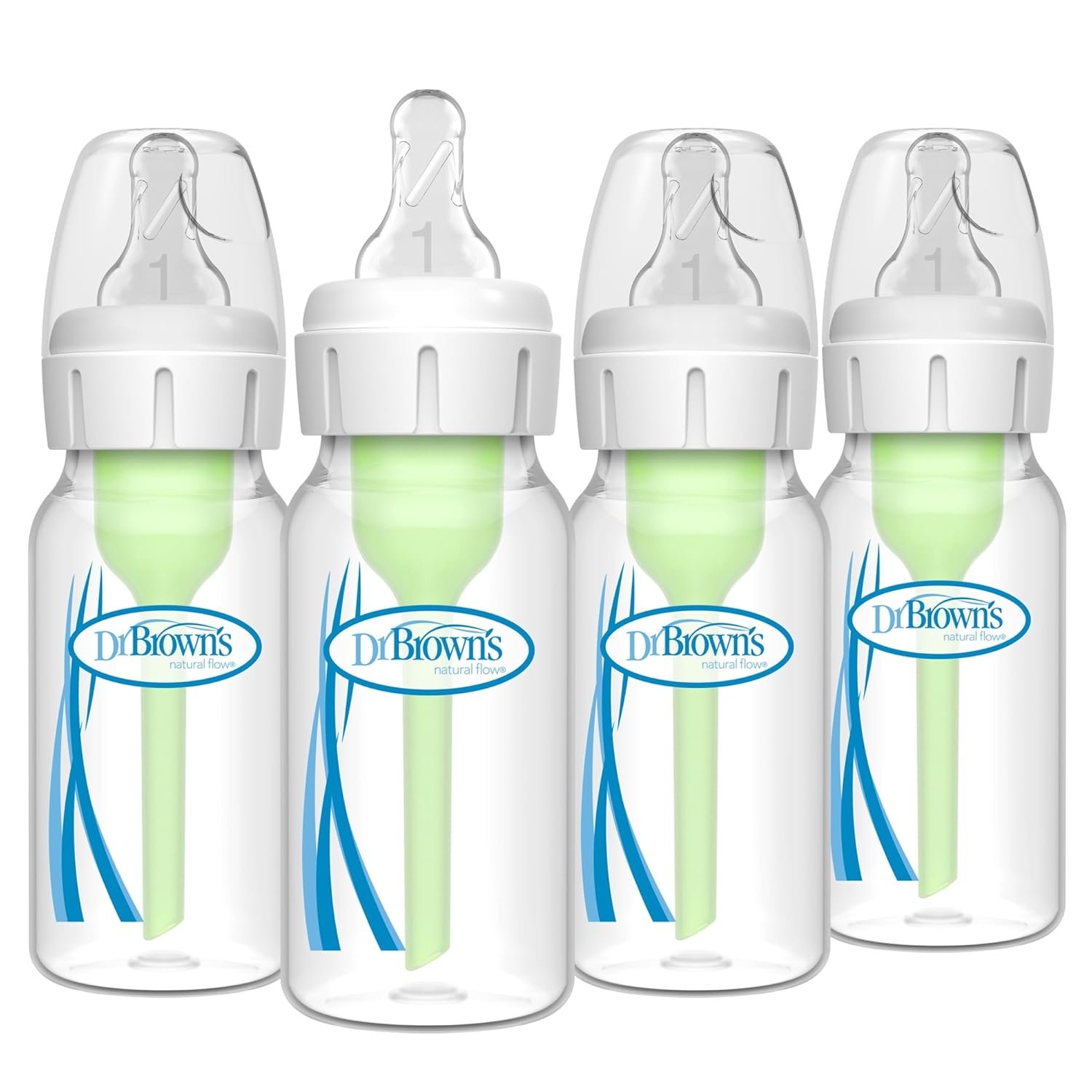 Dr. Brown’s Natural Flow Anti-Colic Options+ Narrow Baby Bottle, 4 oz/120 mL, with Level 1 Slow Flow Nipple, 0m+, 4 Pack