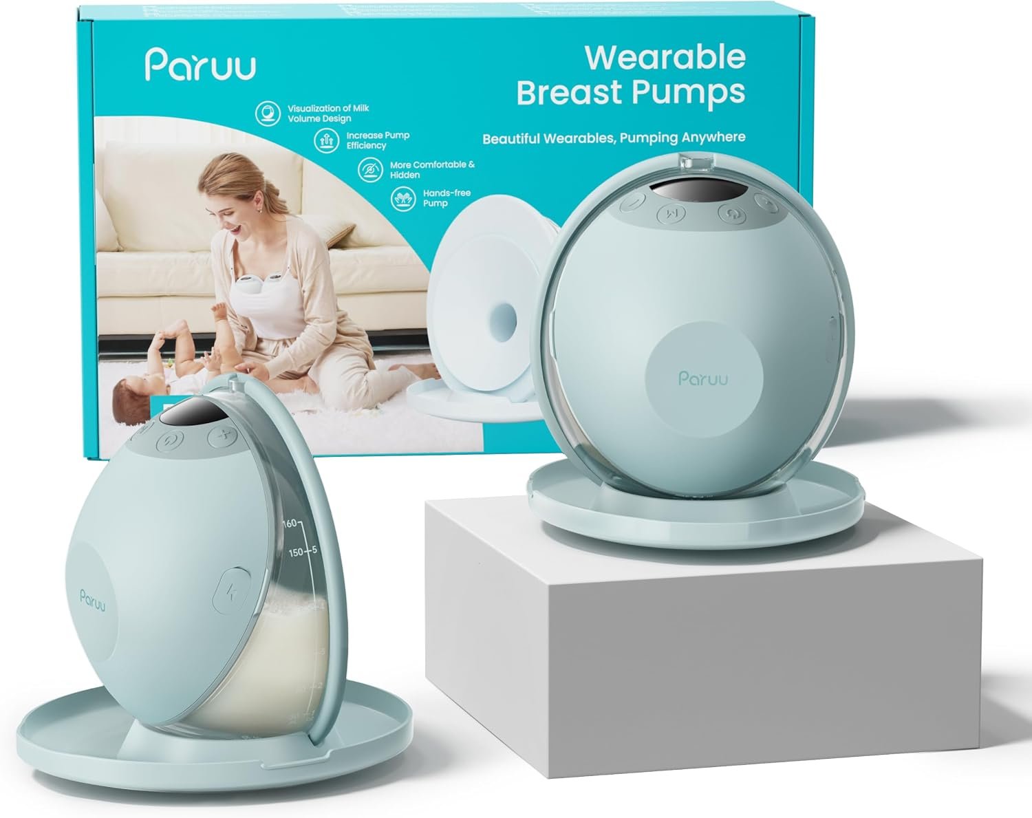Paruu P20 Hands-Free Wearable Electric Breast Pump – 4 Modes & 12 Suction Levels, 19/21/24mm Double-Sealed Flanges, Visible Milk Volume & Pumping Time, Lightweight Portable (2 Pack, Light Green)