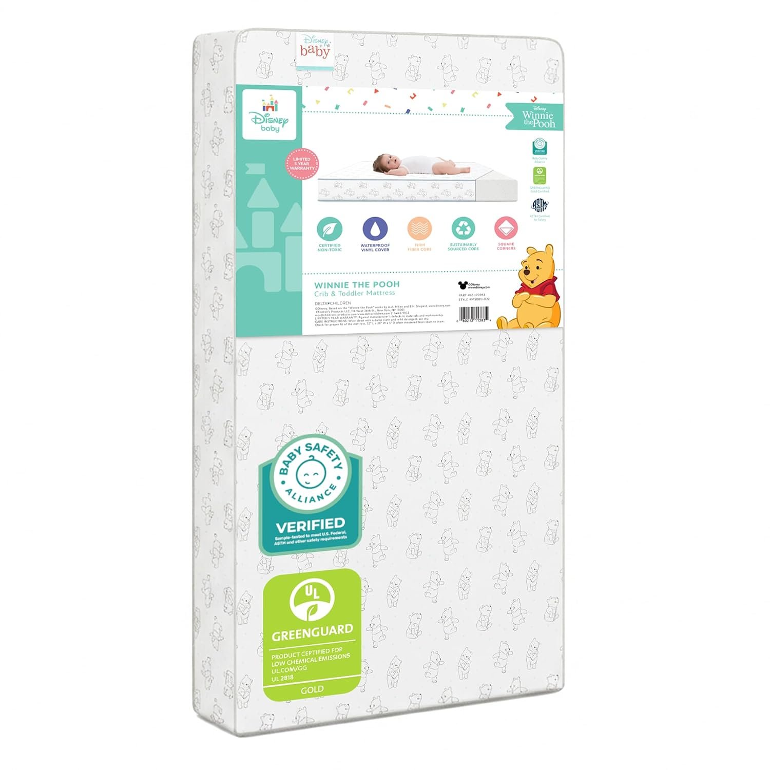 Delta Children – Disney Winnie the Pooh Crib & Toddler Mattress – Dual-Sided – Waterproof – GREENGUARD Gold Certified – Non-Toxic – Lightweight – Made in USA – Sustainable Fiber Core – 52″L x 27.5″W