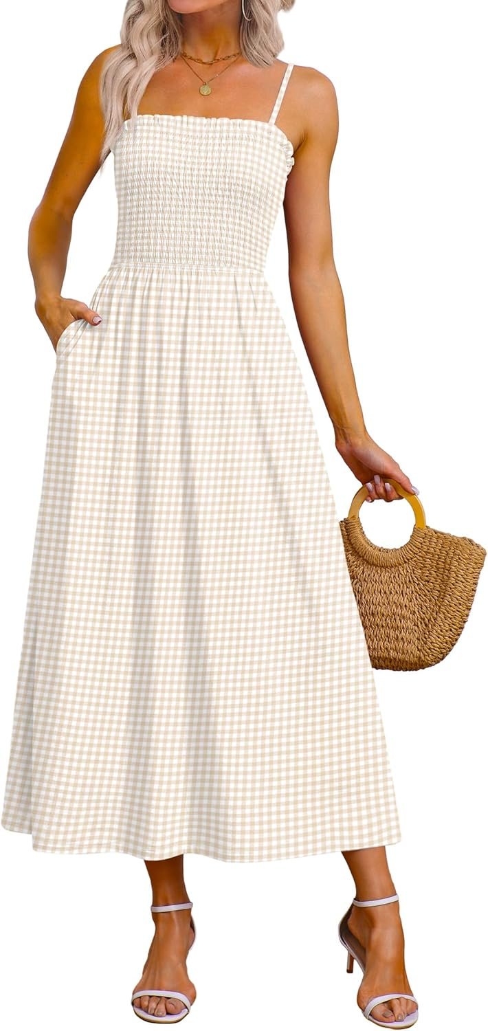 OFEEFAN Womens Spaghetti Strap Maxi Dresses Smocked with Pockets 2026 Summer Spring Casual Boho Beach Long Sundresses