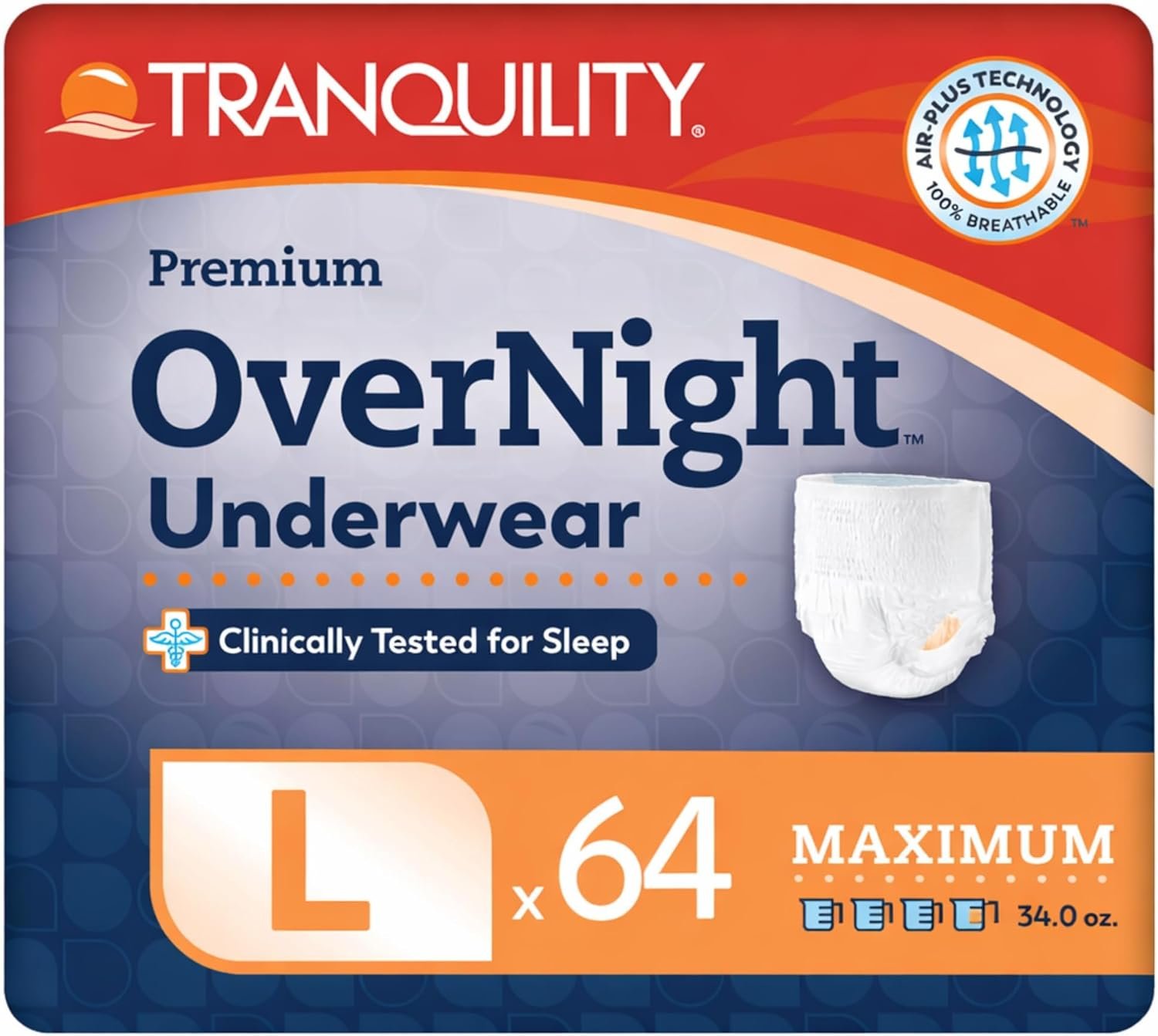 Tranquility Premium OverNight Disposable Absorbent Underwear (64 Count) – L, 44-54 in. Waist – Maximum Absorbency, All-Night Sleep, Breathable Comfort, 64 Adult Diapers