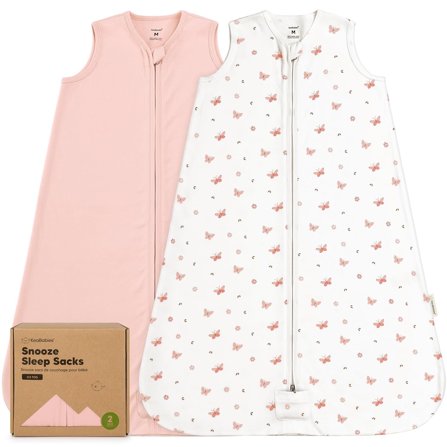 2-Pack Baby Sleep Sacks, Zipper Wearable Blanket – 100% Organic Cotton 0.5TOG, Soft Lightweight Toddler Sleeping Sack 6-12 months, Easy to Wear Newborn Swaddles Sleepsack (Butterflies, M)