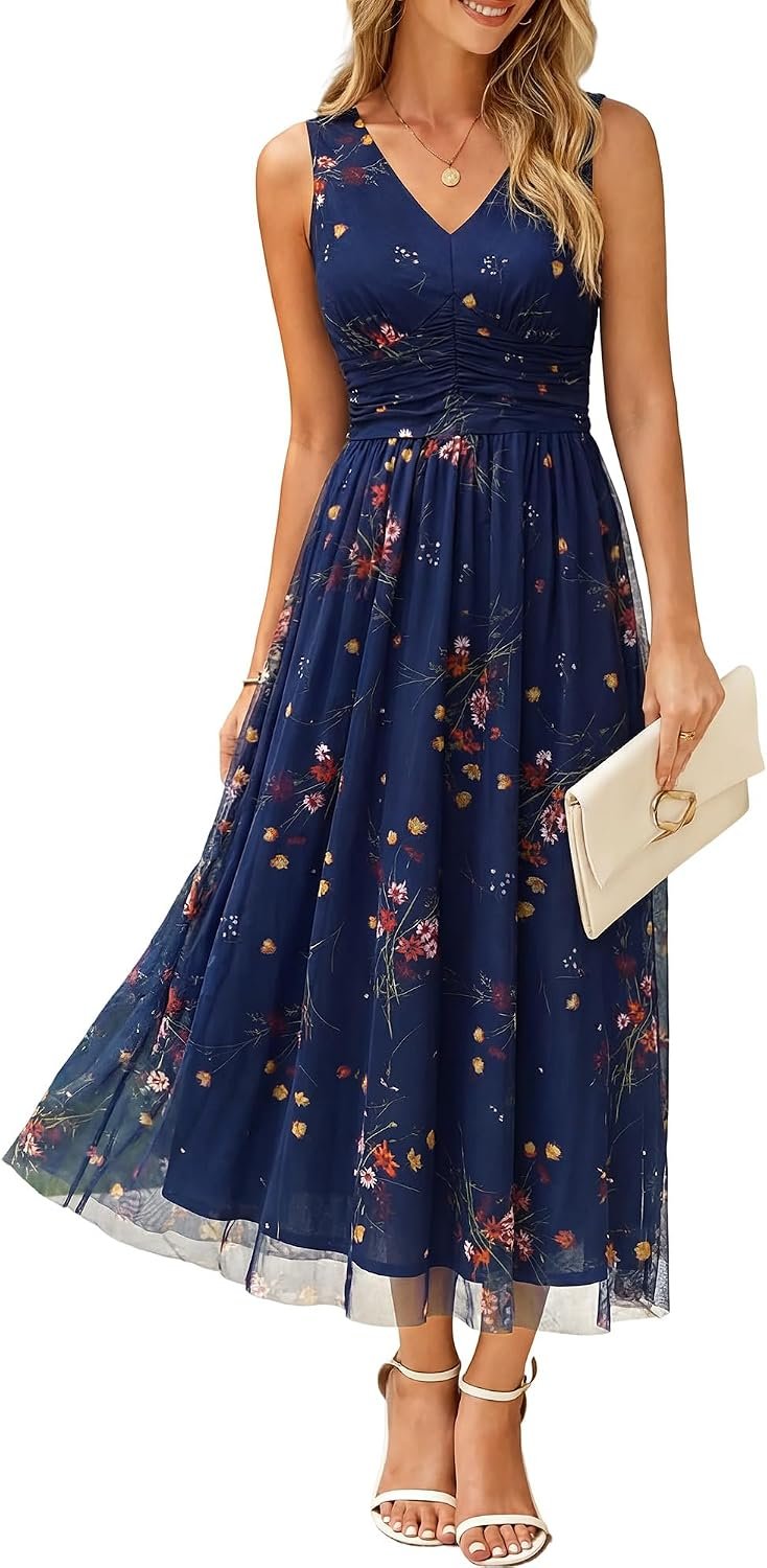 Loemes Womens Summer Floral Maxi Dress Flowy A Line Tulle Elegant Wedding Guest Empire Waist Sleeveless Long Mesh Dress