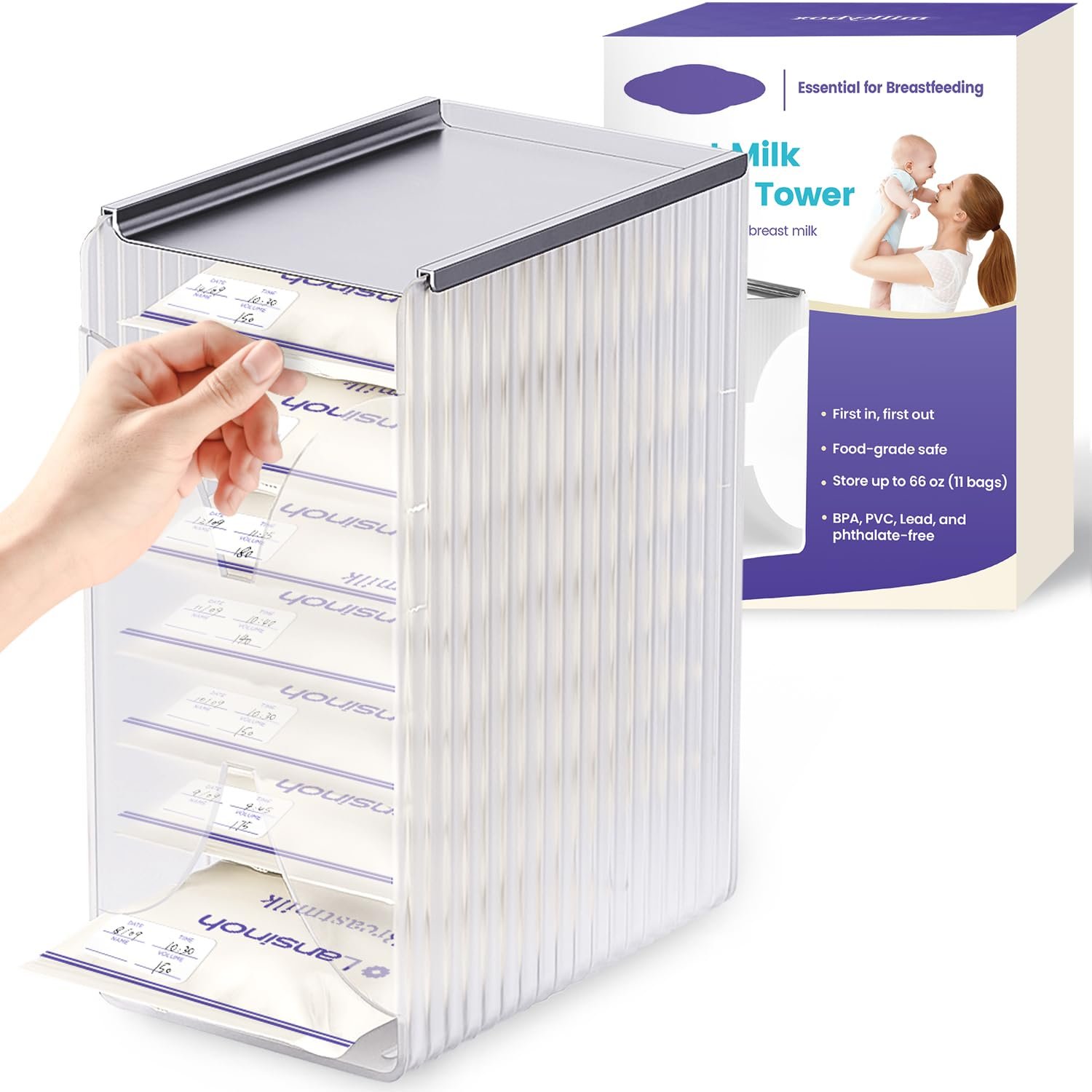 Freeze Organizer and Tower for Breastmilk Storage Bags, First-in First-Out Container Storing System with Quick-Freeze Tray to Freezing Breastmilk, Reusable and Breastfeeding Essentials