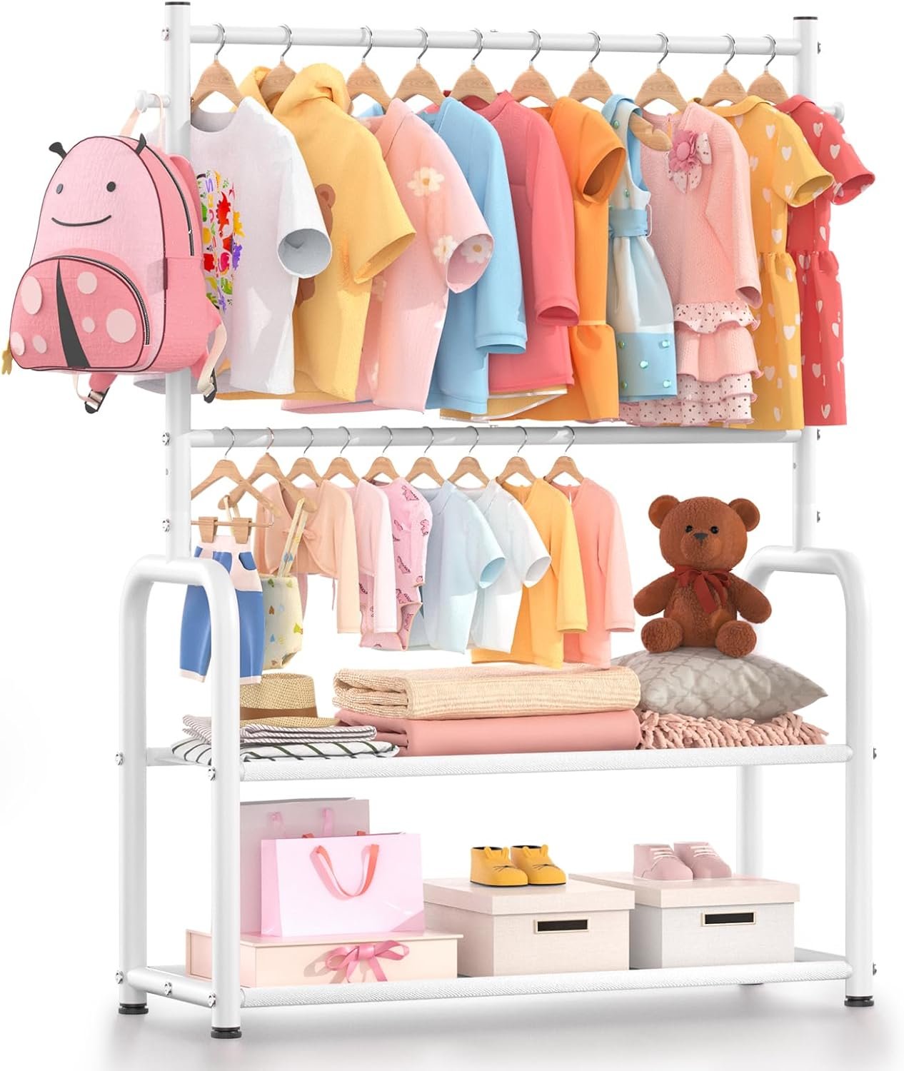 Kids Clothing Rack with 2-Layer Storage Shelf and 2 Adjustable Hanging Rods, Dress Up Rack for Hanging Clothes,Dress up Storage for Baby Toddle Kids(Classic, White)