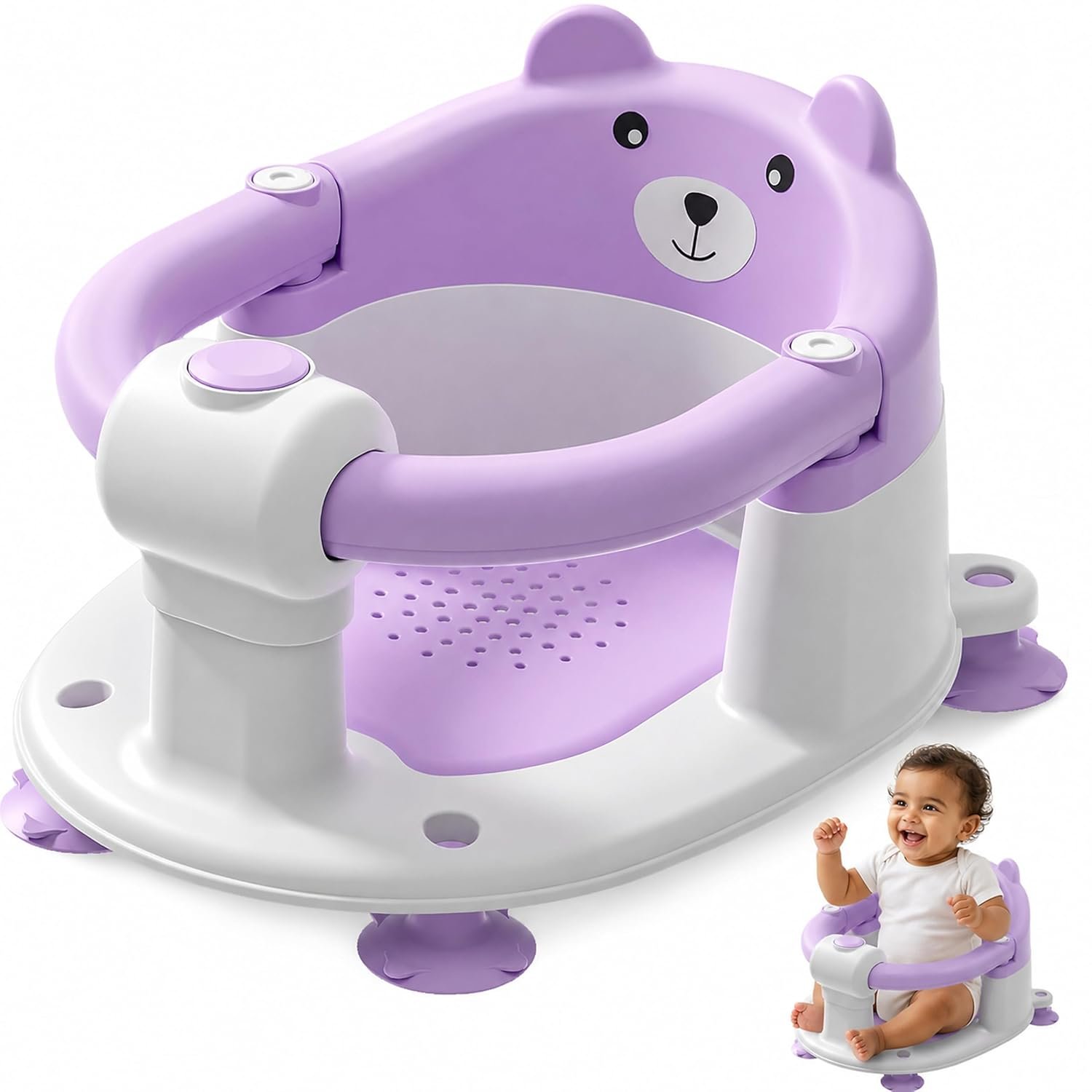 Baby Bath Seat for Babies 5-10 Months, Non-Slip Toddler Bath Seats for Babies Sitting Up, Safe Infant & Newborn Bathtub Chair with 4 Suction Cups & Soft Cushion for Shower,Lavender