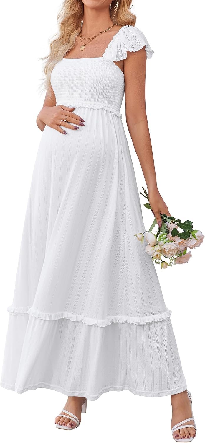 OUGES Womens 2026 Summer Maternity Photoshoot Dress Boho Maxi Smocked Baby Shower Dress Ruffle Sleeve Maternity Clothes