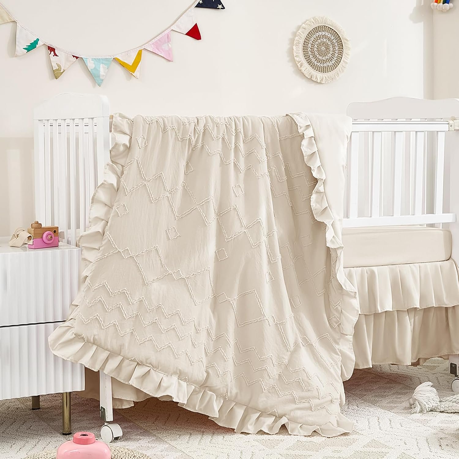 3-Piece Tufted Ruffle Crib Bedding Set for Girls – Ultra Soft Baby Bedding Set Includes Boho Crib Comforter, Sheet & Skirt (Beige)