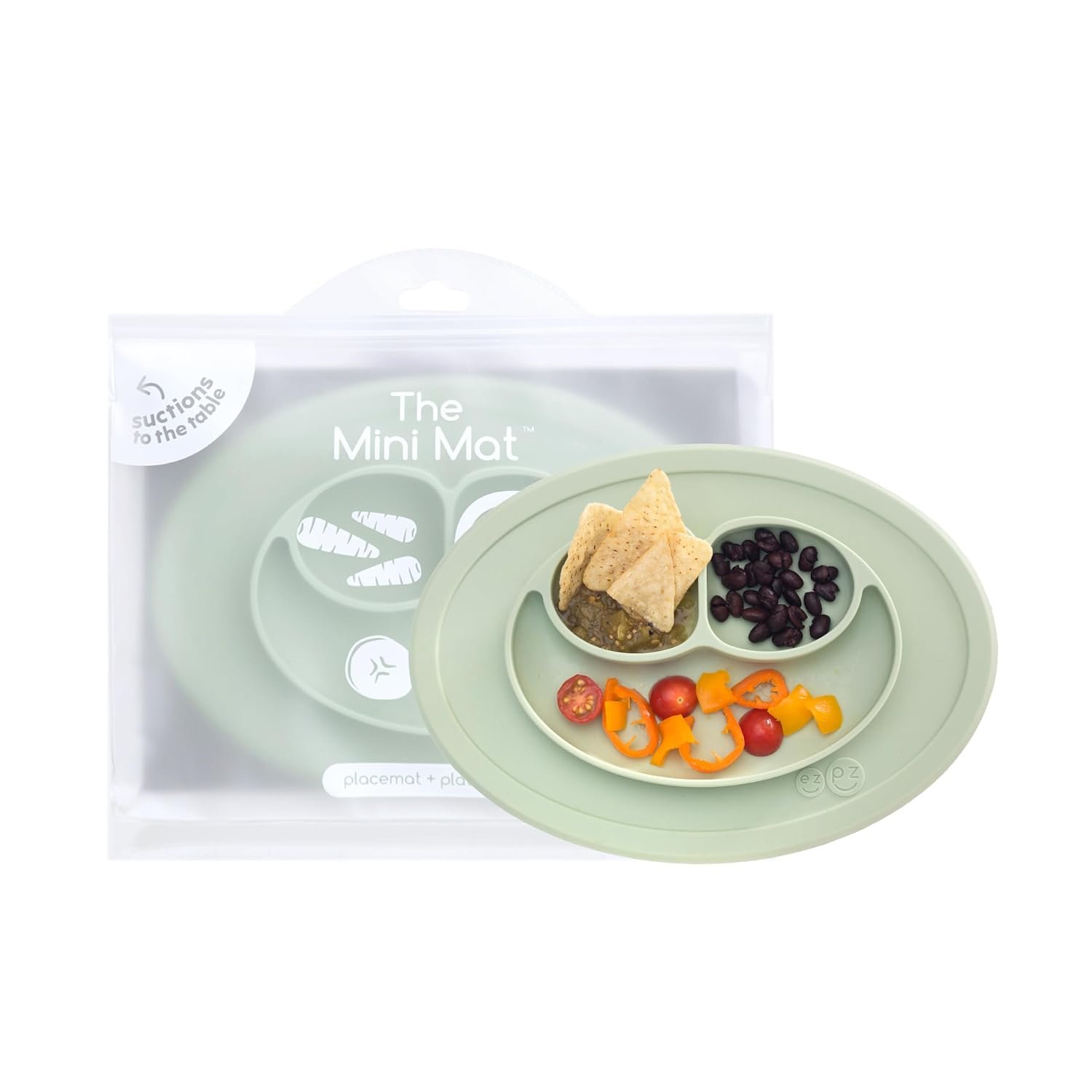ezpz Mini Mat (Sage) – 6 -12 Months+ – 100% Silicone Suction Placemat + Divided Plate with Three Compartments – Supports Baby-Led Weaning – Designed for Highchair, Table, and Travel