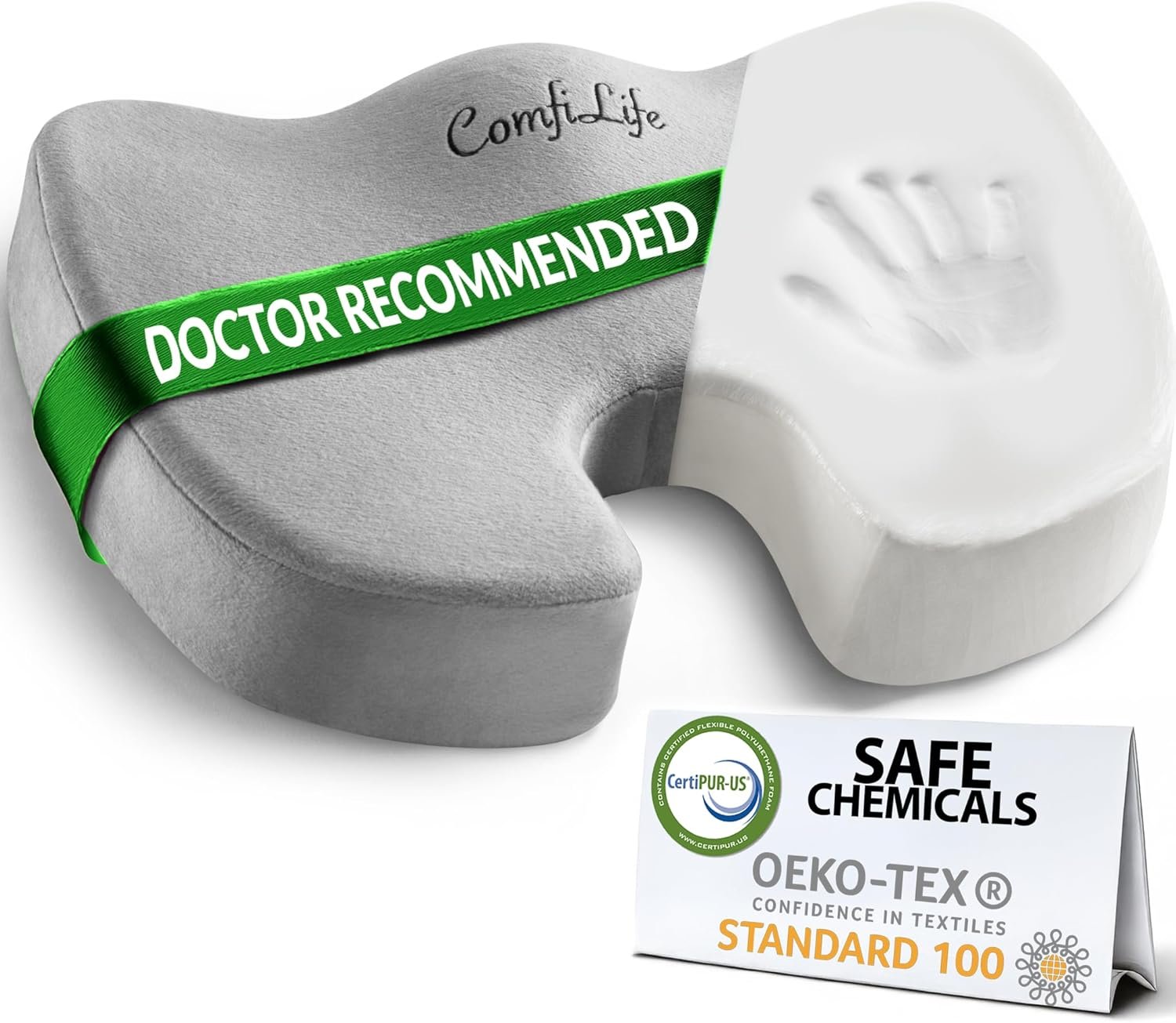 ComfiLife Premium Comfort Seat Cushion – Non-Slip Orthopedic 100% Memory Foam Coccyx Cushion for Tailbone Pain – Cushion for Office Chair Car Seat – Back Pain & Sciatica Relief (Gray)