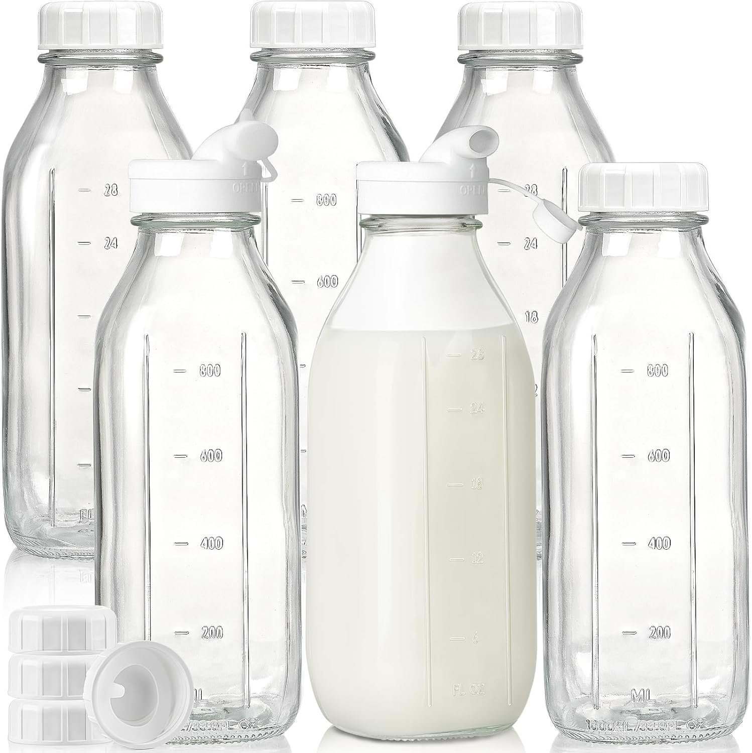 Liter Glass Milk Bottles w 100% Airtight Heavy Duty Screw Lid & 2 Dispenser- 6 Pack 32 Oz Drinking Jars – Food Grade Glass Bottles for Milk, Honey, Jam – Dishwasher Safe(Extra 2 Lids and Stickers)