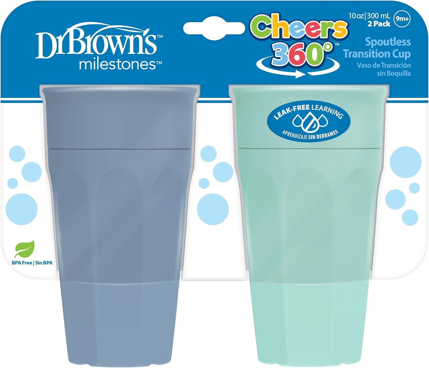 Dr. Brown’s Milestones Cheers 360 Spoutless Transition Cup, Travel Friendly and Leak Free Sippy for Babies and Toddlers, Aqua and Blue, BPA-Free, 10 oz/300 mL, 9m+
