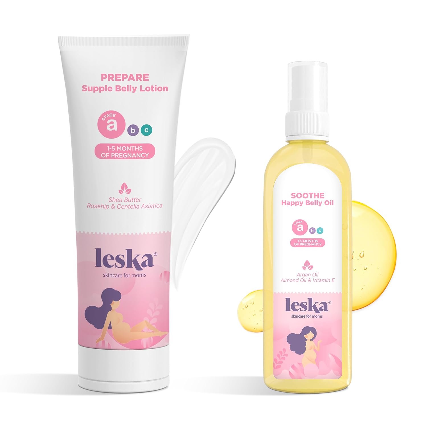 Leska Maternity Lotion & Oil | STAGE A: PREPARE & SOOTHE Supple Belly Lotion & Happy Belly Oil (Pregnancy Months 1-5) | Part of a Complete 3-Stage Pregnancy Skincare System | New Mom Gifts (4-4.22oz)