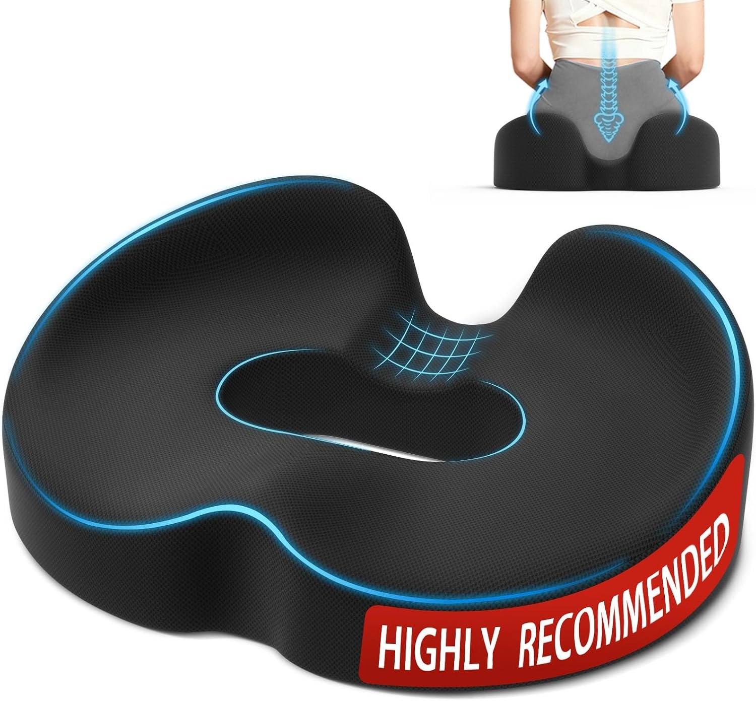 TushGuard Ergonomic Donut Pillow Seat Cushion with Raised Rear Support, Large Memory Foam Lifting Cushions for Tailbone, Hemorrhoids & Sciatica Relief, Office Chair, Car, Travel, Postpartum, Black