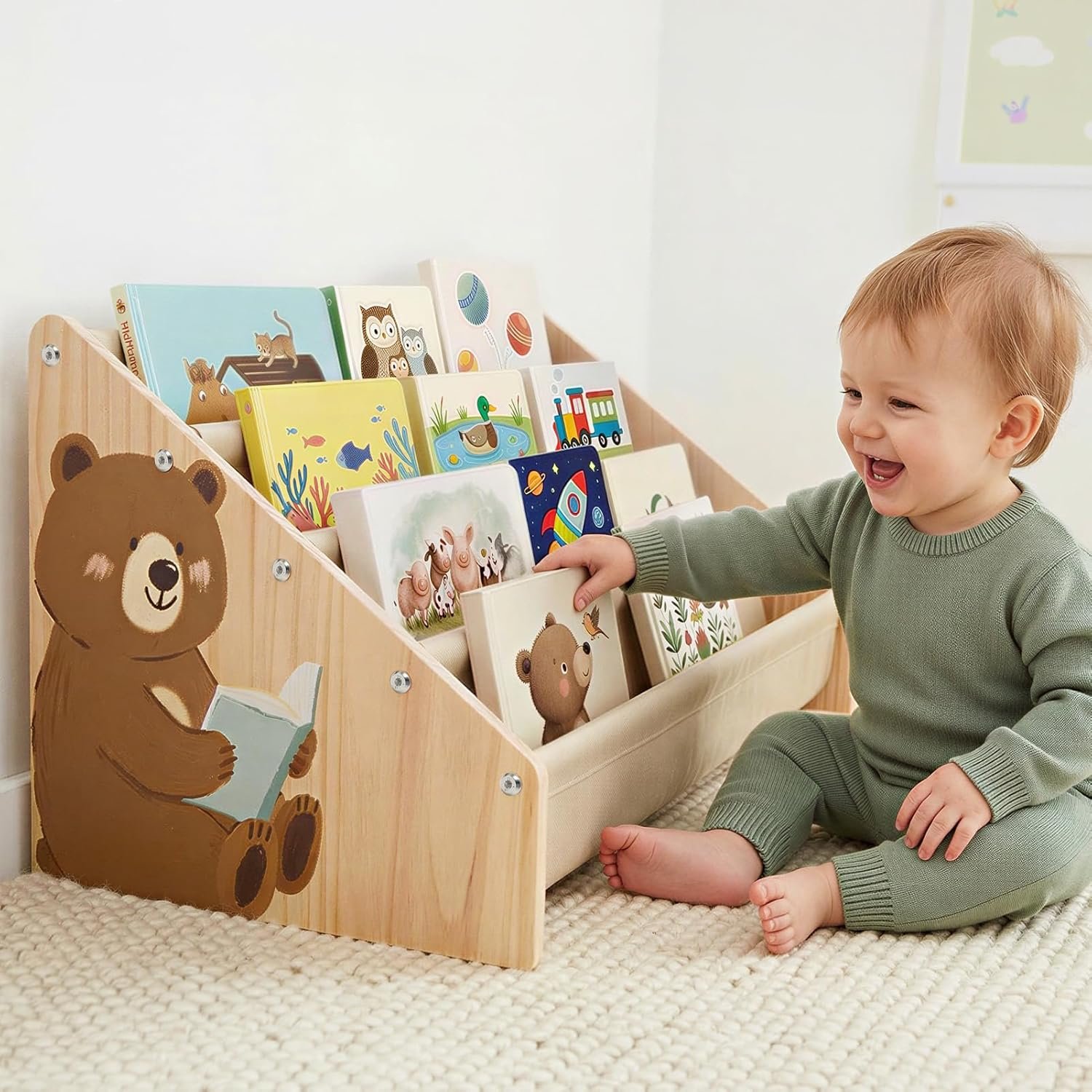 Toddler Bookshelf, 4-Tier Solid Wood Bookshelf for Kids Montessori Bookshelf Large Capapcity Nursery Book Shelves Deep Sling Book Organizer for Playroom Kids Book Storage,Brown Bear