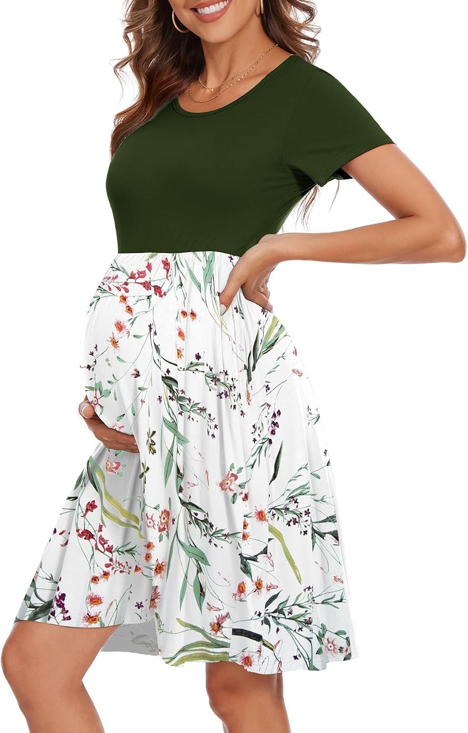Women’s Short Sleeve Maternity Dress Patchwork Pregnancy Clothes with Pockets