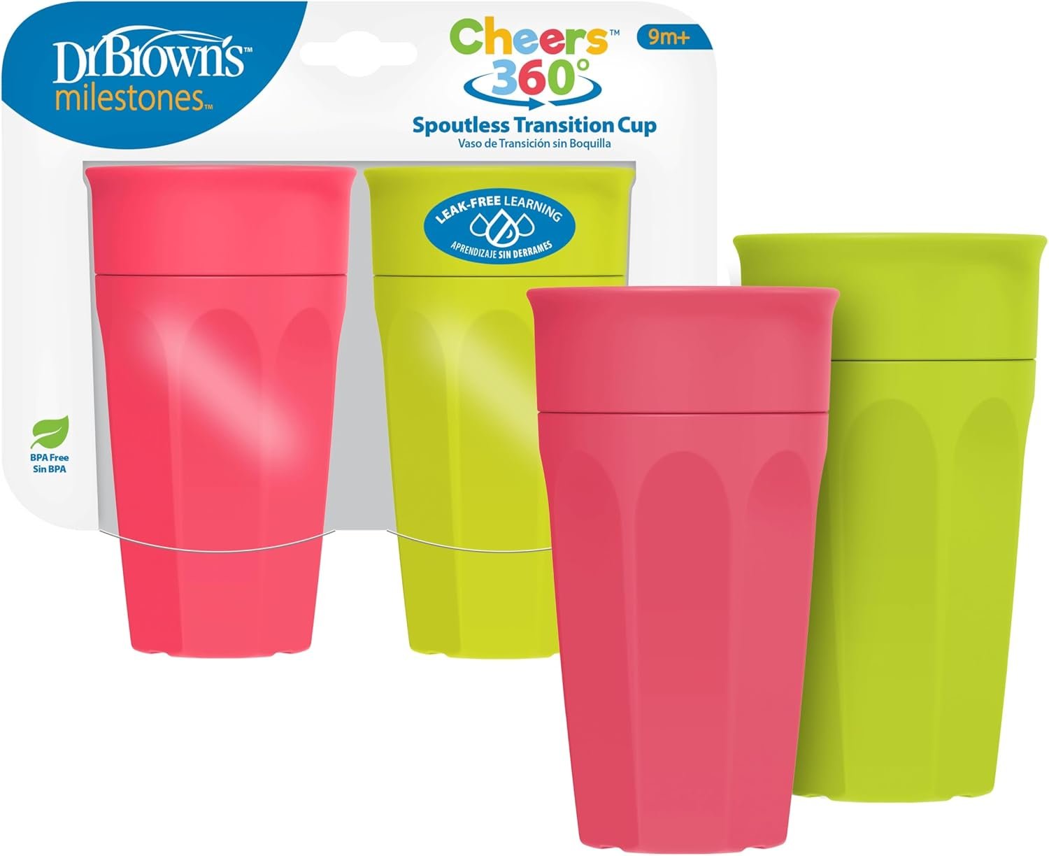 Dr. Brown’s Milestones Cheers 360 Spoutless Transition Cup, Travel Friendly and Leak Free Sippy for Babies and Toddlers, Green and Pink, BPA-Free, 10 oz/300 mL, 9m+