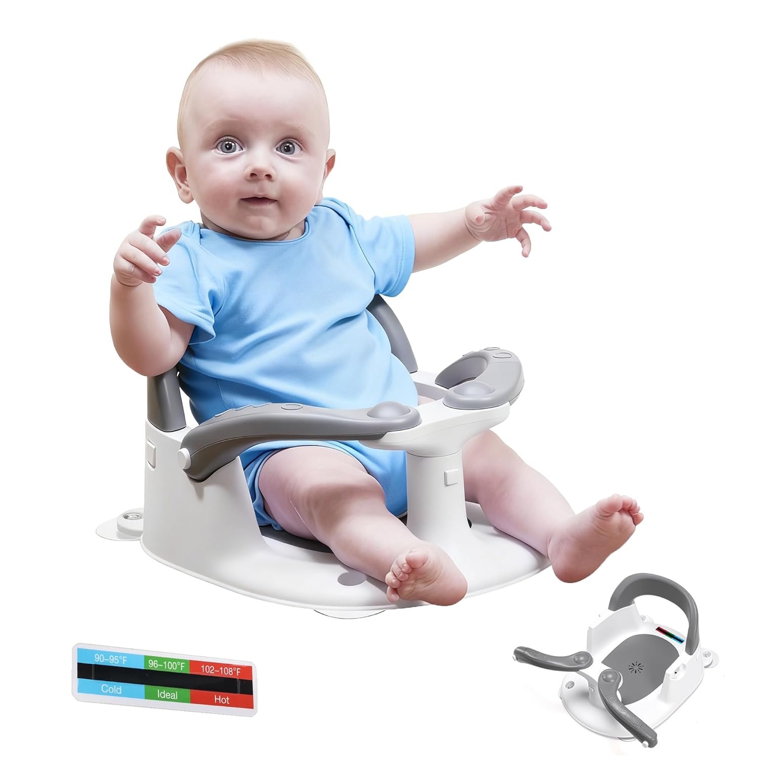 Baby Bath seat for Babies 6 Months & up, 360° Stable Toddler Bath Chair with one-Touch Button, Back Hollow Design, Water Temperature Card & 4 Suction Cups for Safety (Dark Gray)