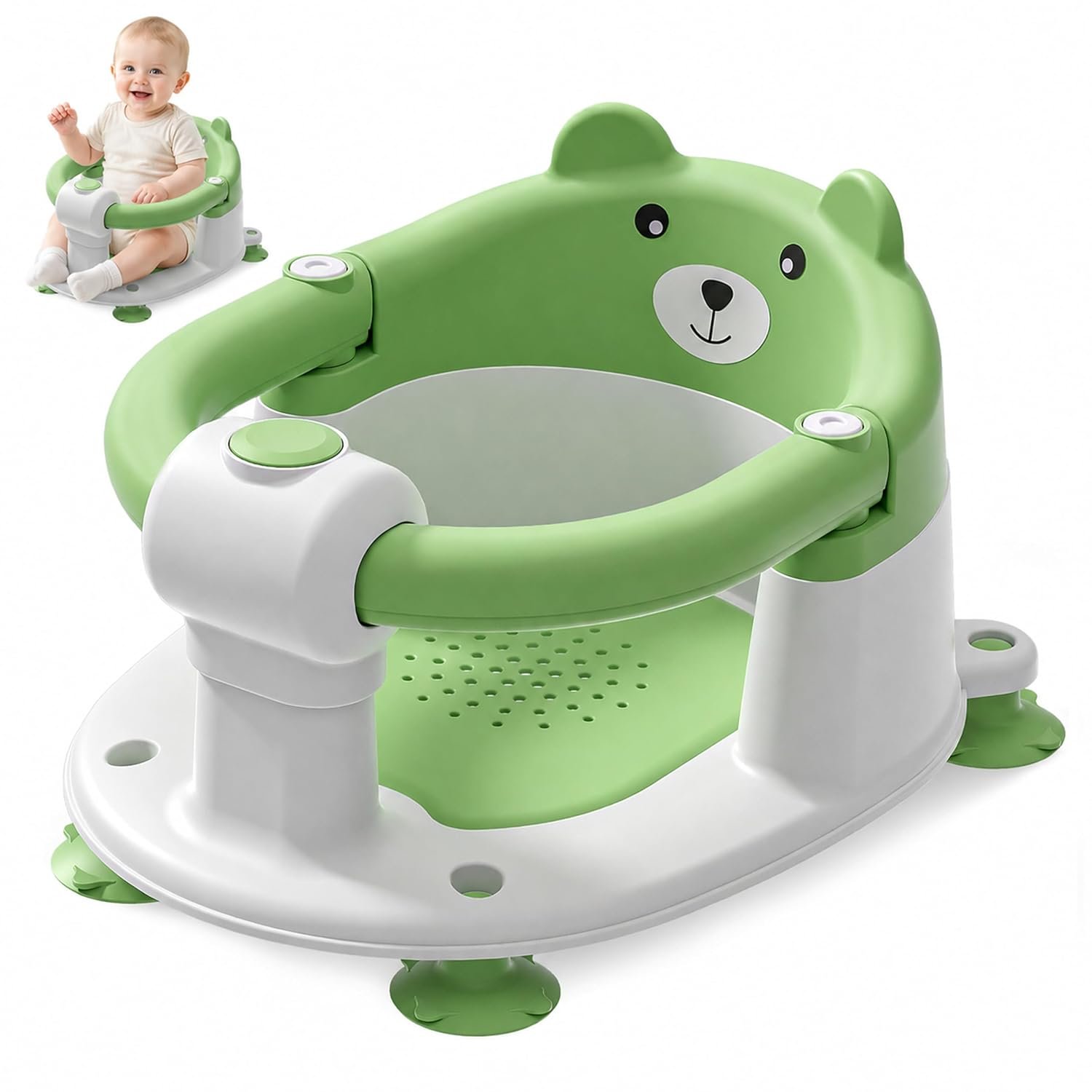 Baby Bath Seat for Babies 5-10 Months, Non-Slip Toddler Bath Seats for Babies Sitting Up, Safe Infant & Newborn Bathtub Chair with 4 Suction Cups & Soft Cushion for Shower,Green