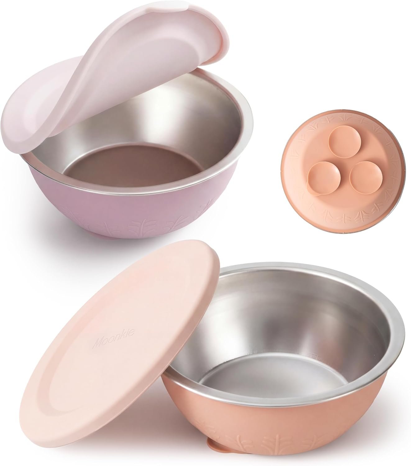 Moonkie Baby Bowls with Suction, Stainless Steel & Silicone Toddler Bowls with Lids, Seamless One-Piece Design Silicone Bowls for Babies 4 Months+, 13oz, BPA-Free, Lead-Free, Dishwasher Safe, 2 Pack