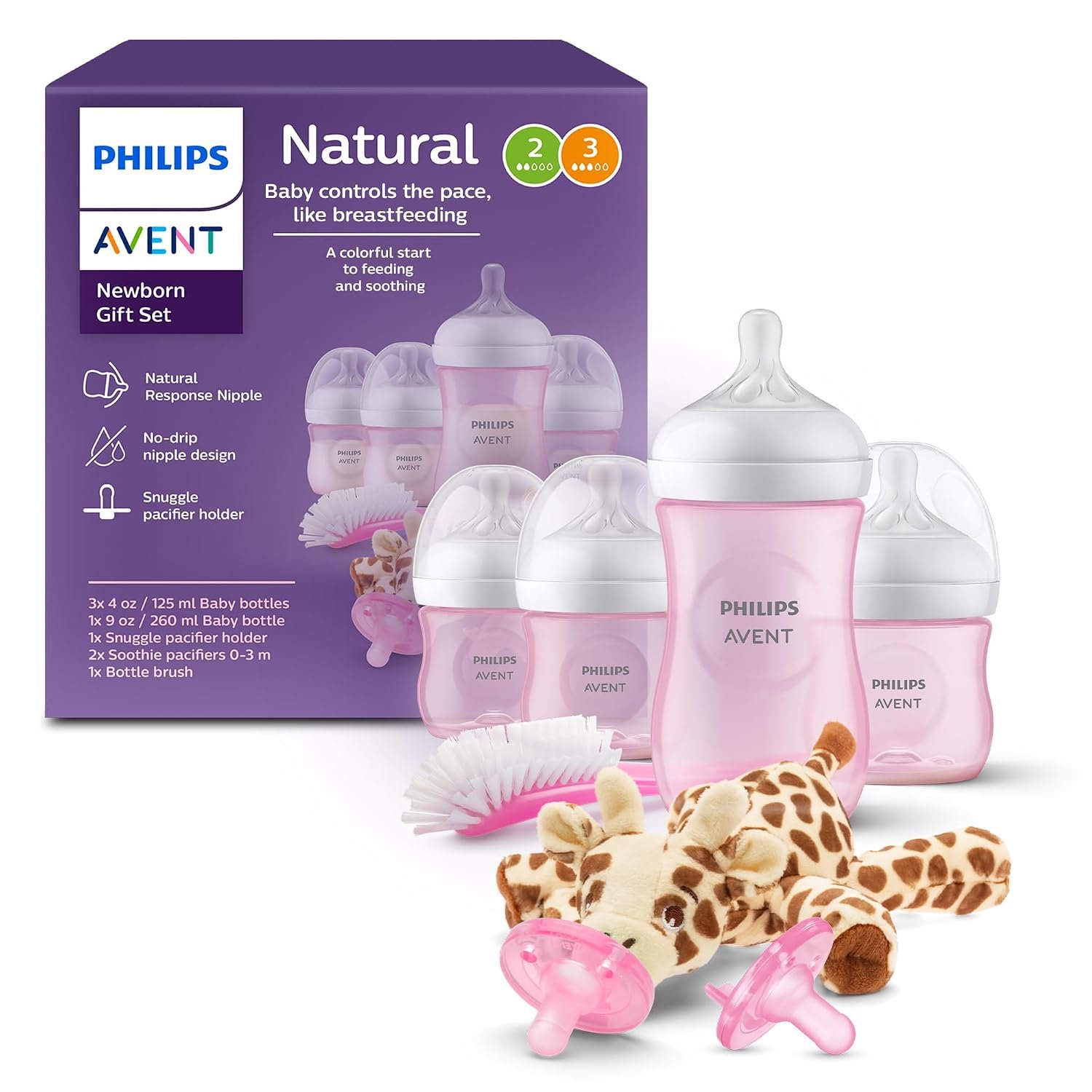 Philips Avent Natural Response Baby Gift Set – 3X 4oz Pink Bottles with Slow Flow Nipples (Flow 2), 1x 9oz Pink Bottle with Medium Flow Nipples (Flow 3), 2X Soothie Pacifiers 0-3m, SCD838/03