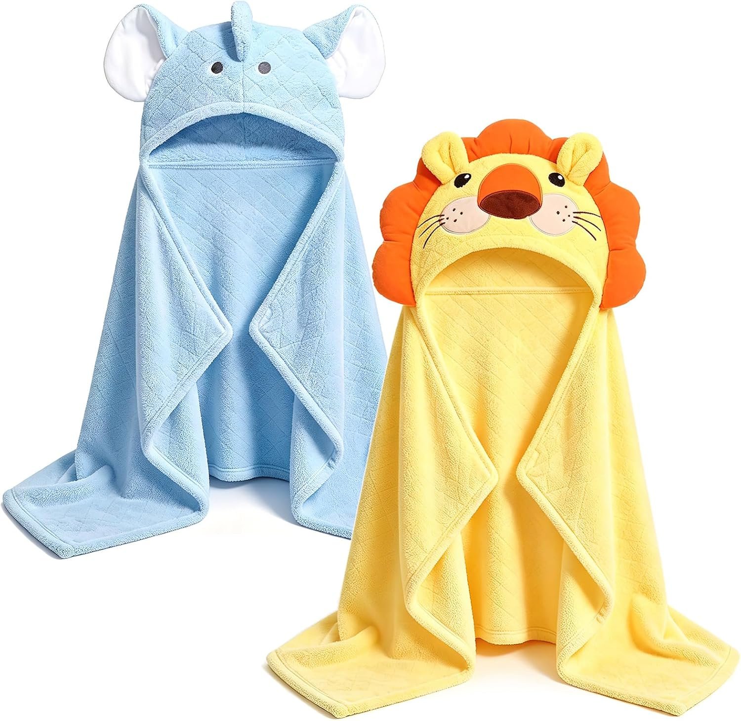 Baby Hooded Towel 2-Pack, Coral Fleece Baby Bath Towels for Toddlers & Infants 0–5 Years, Super Soft & Highly Absorbent, Large 50”x32”, Newborn & Baby Gift Set – Yellow Lion & Blue Elephant