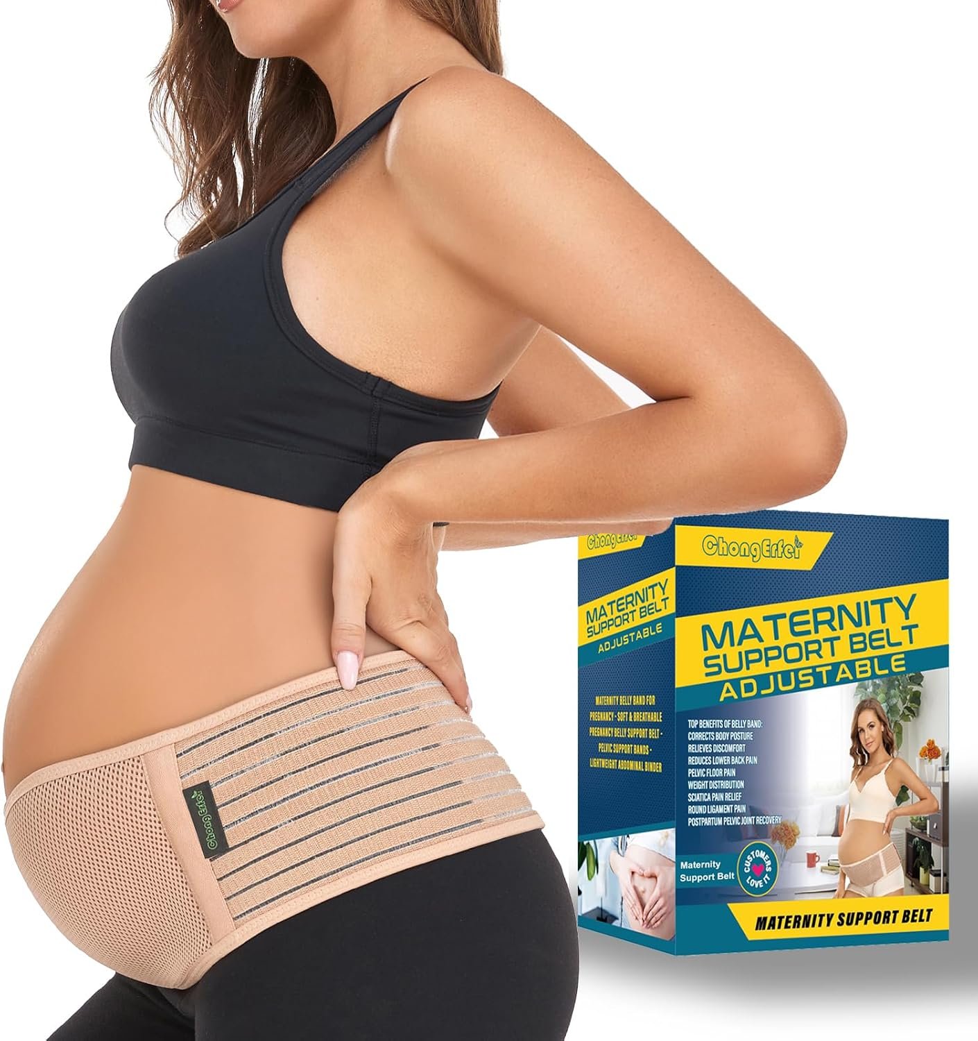 ChongErfei Maternity Belt Pregnancy Belly Band Back Support Abdominal Binder Back Brace – Relieve Back, Pelvic, Hip Pain（Beige,One Size）