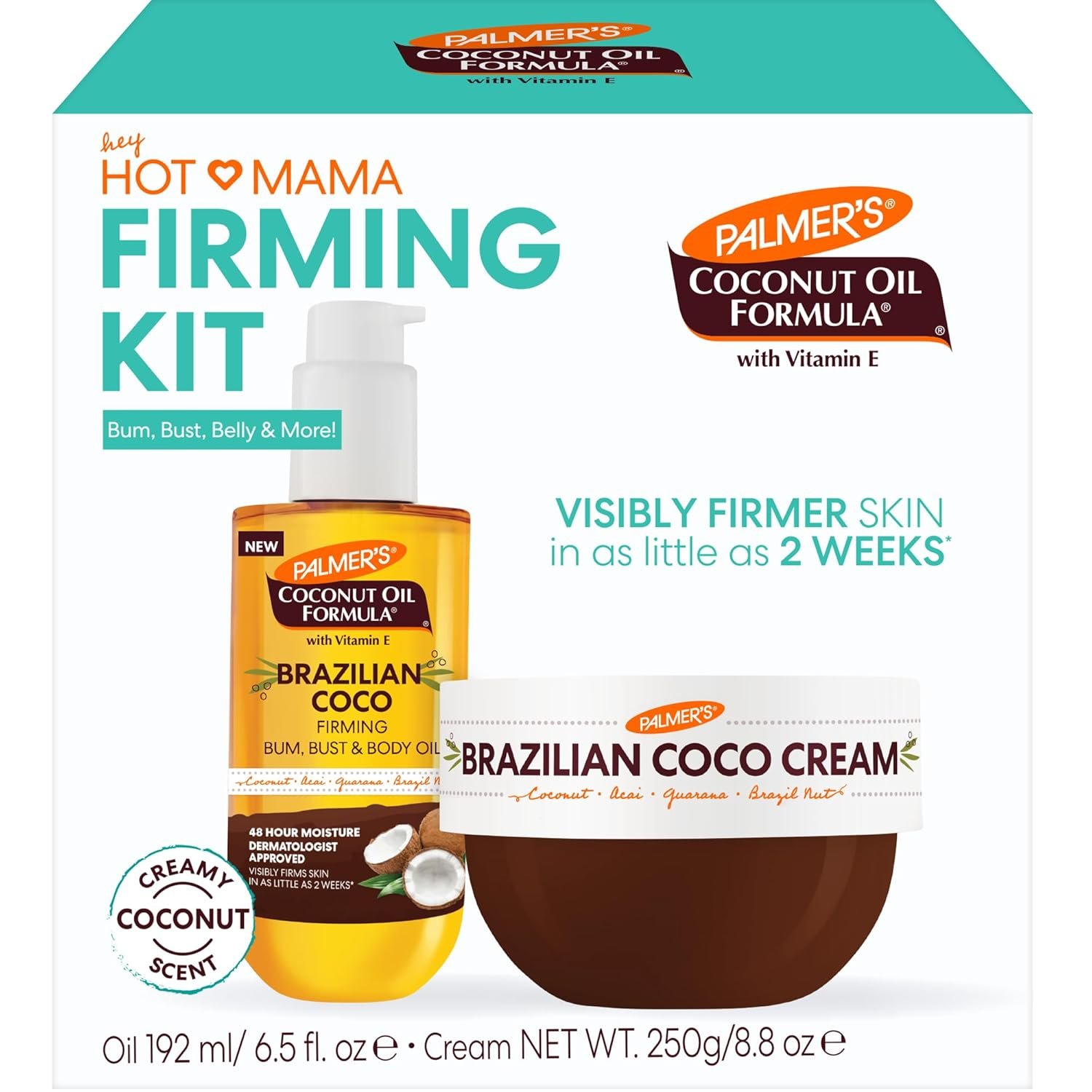 Palmer’s Brazilian Coco Hot Mama Firming Kit, Coconut Oil Formula Skin Care Duo with Firming Body Cream (8.8 Oz) + Body Oil (6.6 Fl Oz) Helps Tone Bum, Belly & Thighs, Provides 48 Hour Moisture