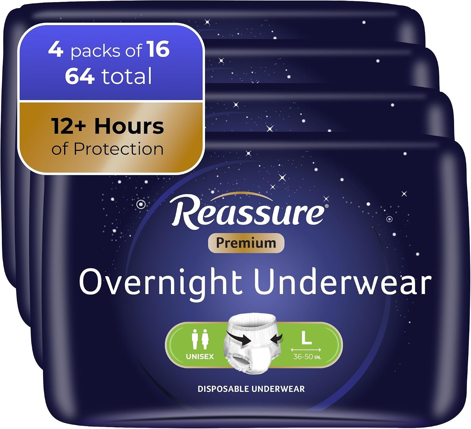 Reassure Premium Overnight Incontinence Underwear for Men and Women, Disposable Adult Diapers, Large, 64 Pack