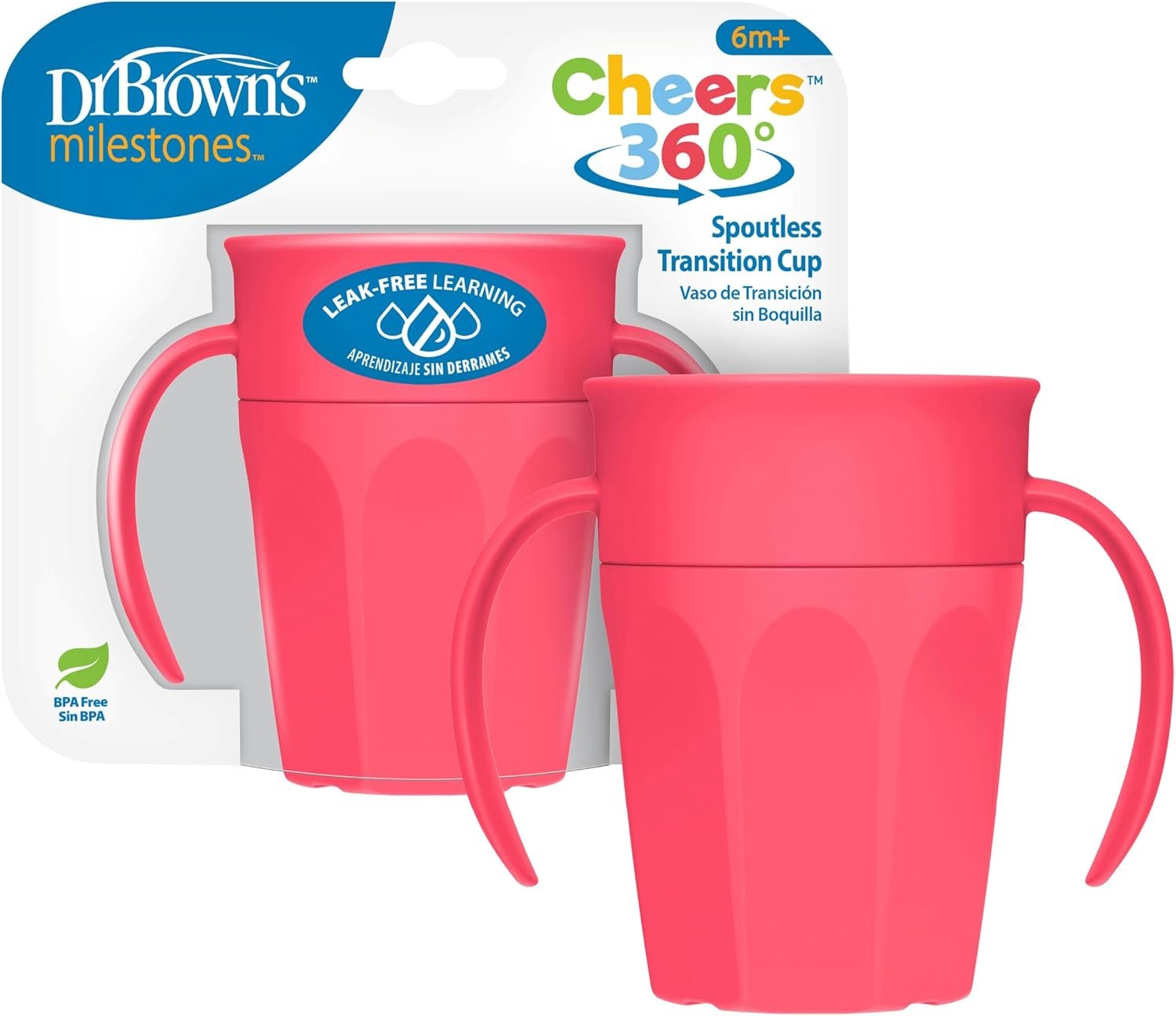 Dr. Brown’s Milestones Cheers 360 Spoutless Transition Cup with Handles, Travel Friendly and Leak Free Sippy for Babies and Toddlers, Pink, BPA-Free, 7 oz/200 mL, 6m+