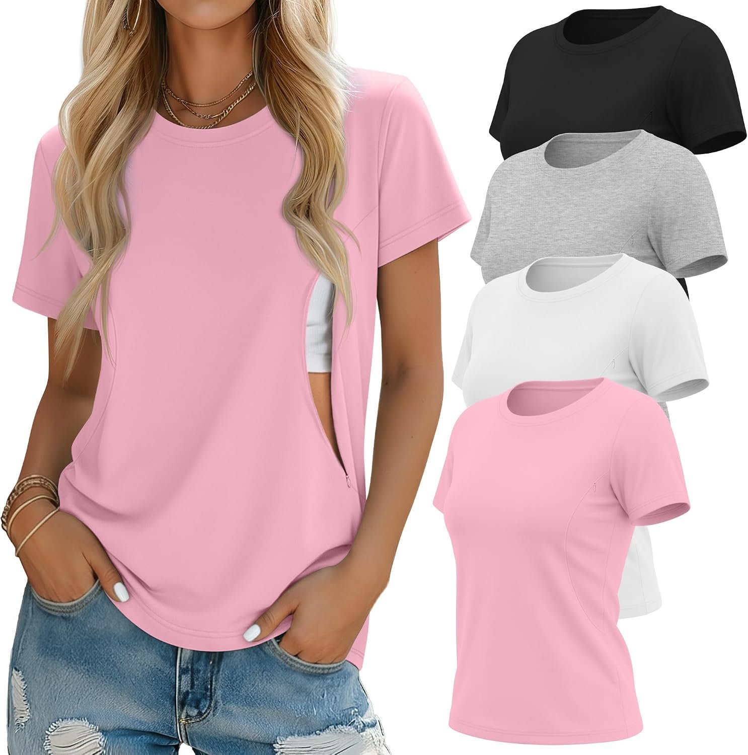 Oakgarden 4 Pack Women’s Nursing Breastfeeding Shirts with Zipper Loose Fit Short Sleeve Maternity Top Nursing Clothes