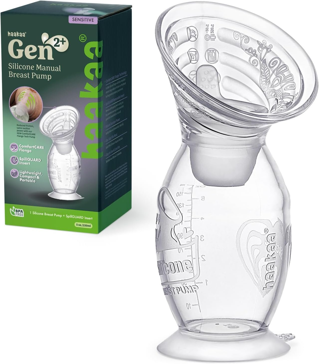 haakaa Gen.2 Plus Upgraded Manual Breast Pump, 5oz/150ml Multi-Ring ComfortCARE Sensitive Silicone Breast Pump with Spill-Guard Insert Set, Patent-Pending Design for Breastfeeding Moms