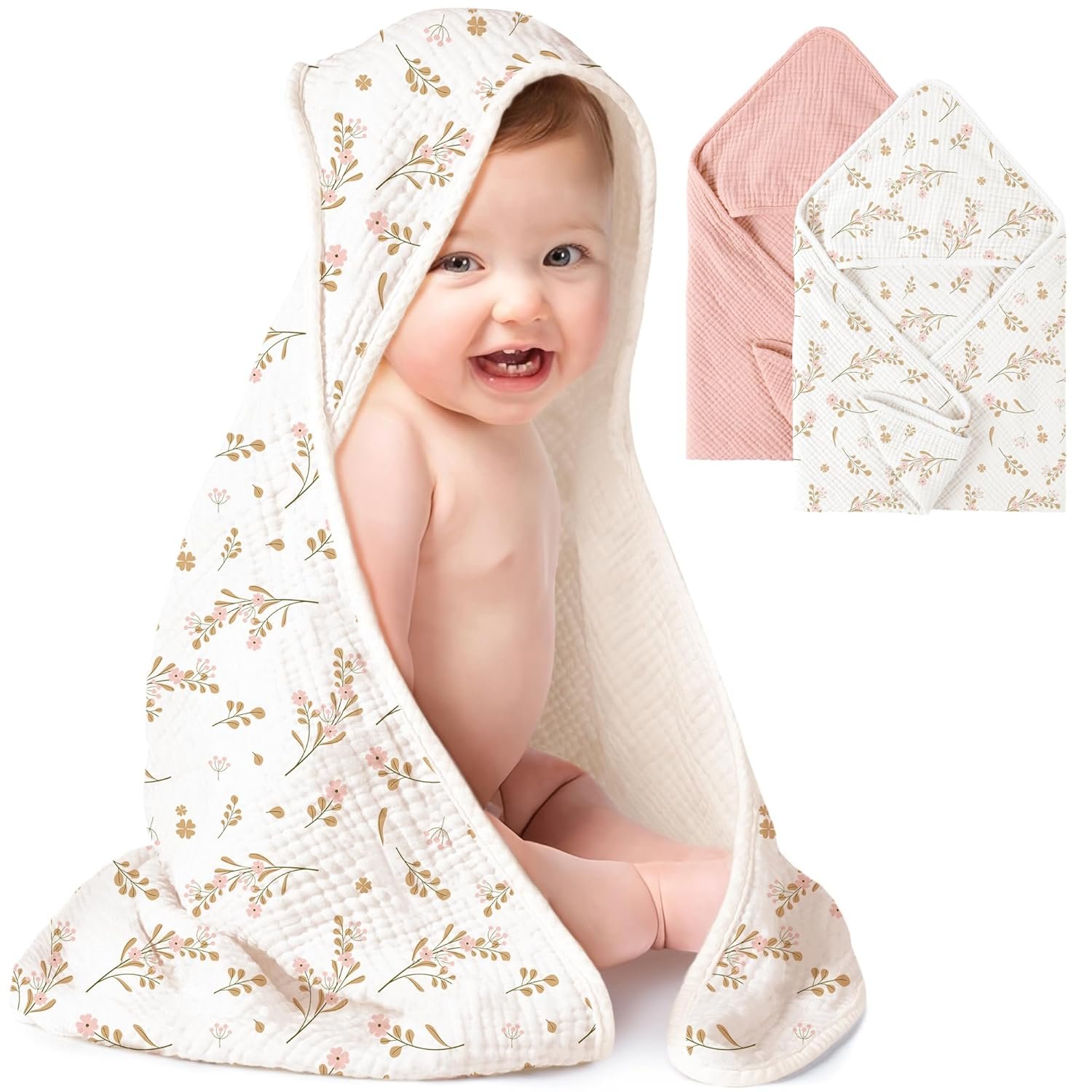Konssy 2-Pack Muslin Hooded Baby Towels, 100% Cotton, Ultra-Soft & Absorbent Baby Bath Towels with Hood for Newborn & Infant (Pink, Floral,32″ x 32″)