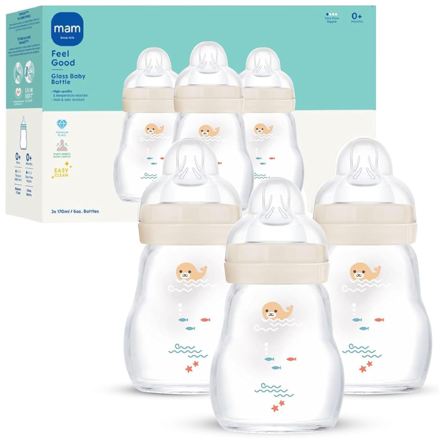 MAM 6oz Feel Good Pure Glass Anti-Colic Wide Neck Baby Bottle, Slow Flow Skin Soft Silicone Nipple, Easy to Clean, BPA Free, 0+ Mths, Easy Switch Between Breast & Bottle, Made in Europe, 3 Pk, Unisex