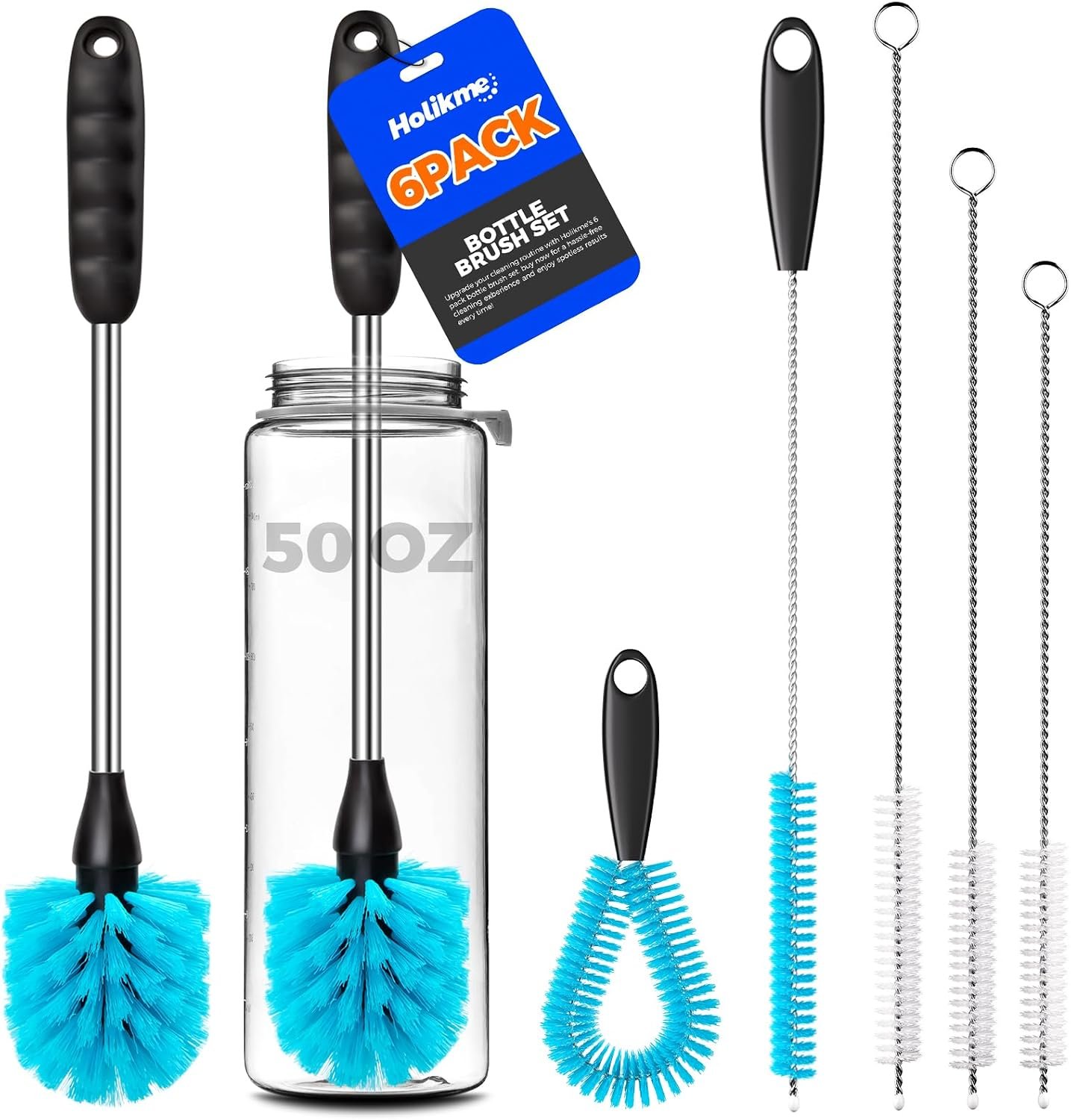Holikme 6 Pack Bottle Brush Set, 14.5″ Long Handle Stainless Steel Bottle Cleaner Brush, Long-Handled 6-in-1 Stainless Steel Bottle Brushes for Water Bottle, Cups, Abrasive Wheel Brushes, Blue