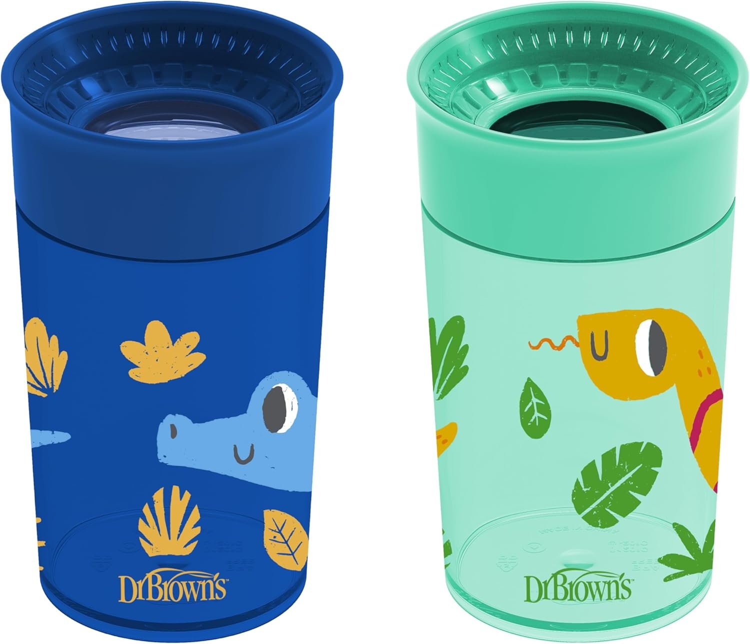 Dr. Brown’s Milestones Cheers 360 Spoutless Transition Cup, Travel Friendly and Leak-Free Sippy, Blue/Green Animals, 10 oz/300 mL, BPA-Free, 9m+, 2-Pack
