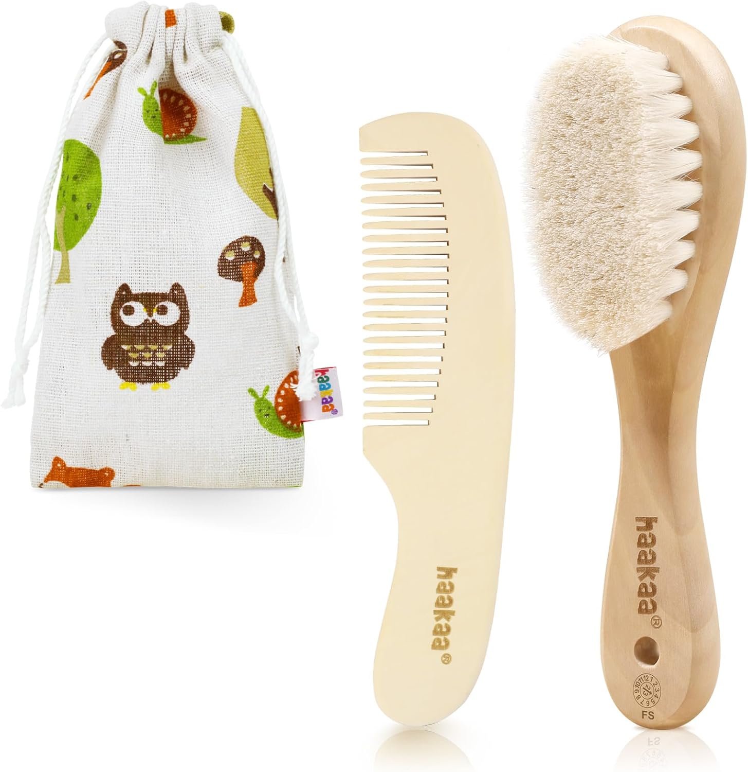 haakaa Baby Hair Brush and Comb Set for Newborns & Toddlers – Natural Soft Wool Bristles and Wooden Handle, Gently Grooms Baby’s Hair, Ideal for Cradle Cap, Perfect Baby Gift, 2pk