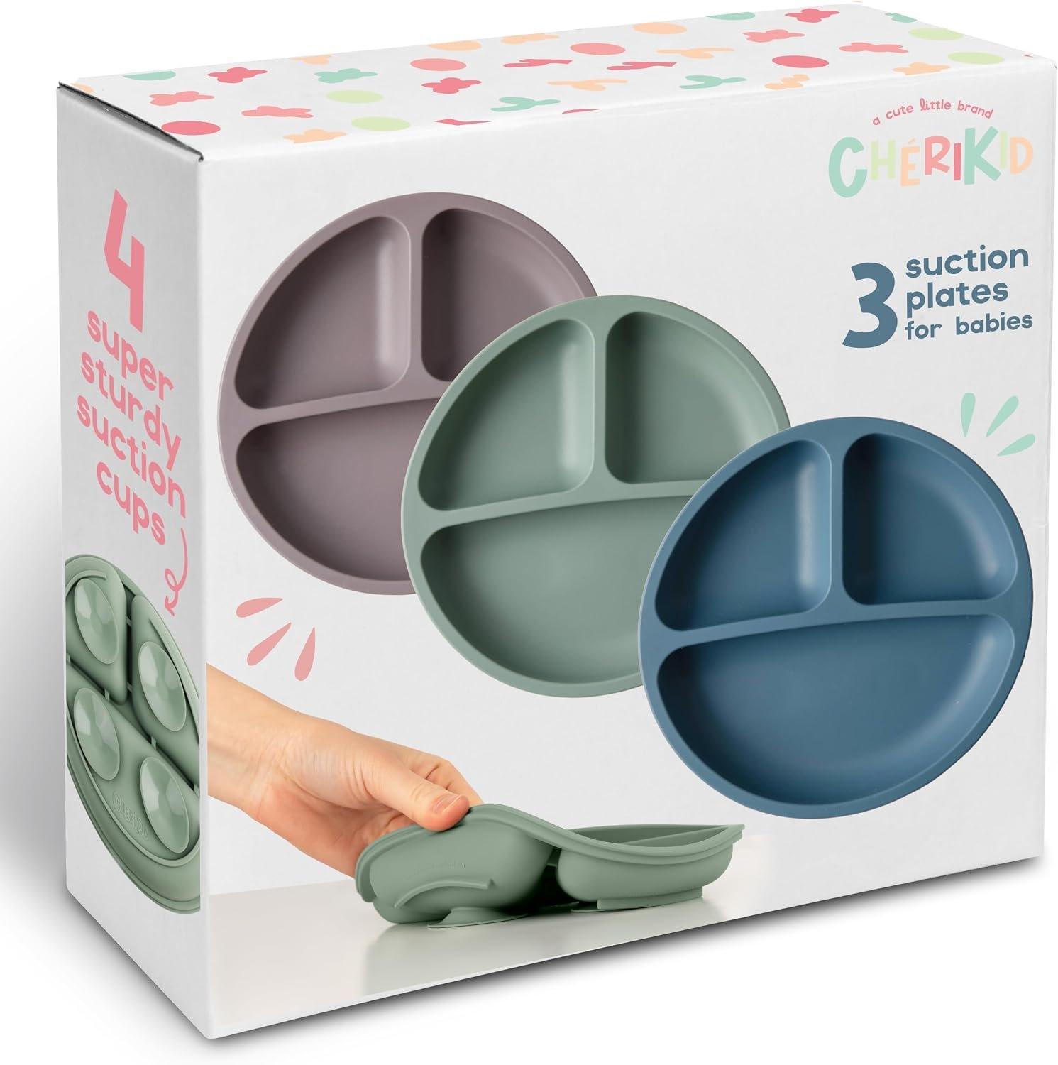 ChériKid Toddler Plates – FEATURES SUPER STRONG QUADRUPLE SUCTION – 100% Food Grade Silicone Baby Plates with Suction – Unbreakable Divided Kids Plates, Baby Essentials Dishes