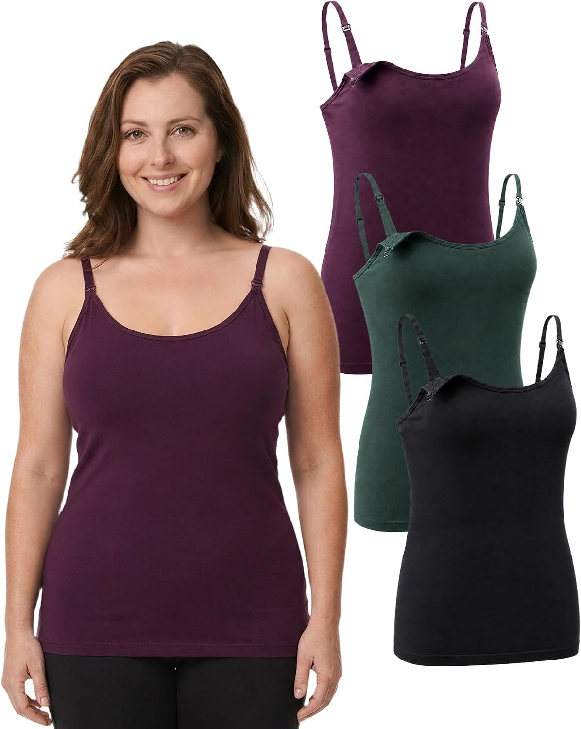 Under Control 3-Pack 76% Premium Modal Nursing Cami Tank Tops with Built-in Bra, Breastfeeding Maternity Camisole Tops