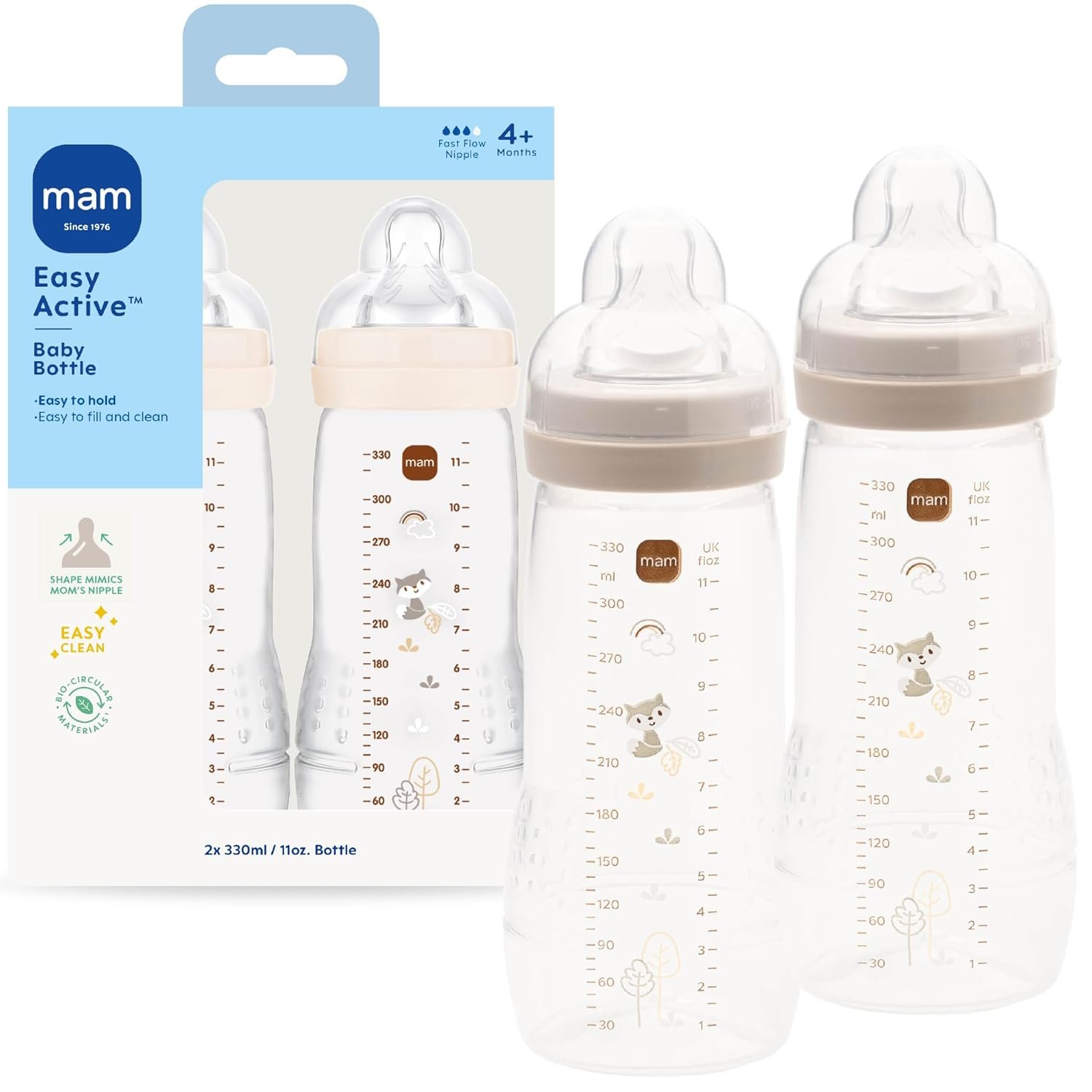 MAM Easy Active Natural Flow Anti-Colic Baby Bottle, 4+ Months, 2 Pack, 11oz, BPA Free, Fast Flow Skin Soft Anti-Colic Silicone Nipple, Anti-Slip Grip, Leak-Proof, Made in Europe, Cotton