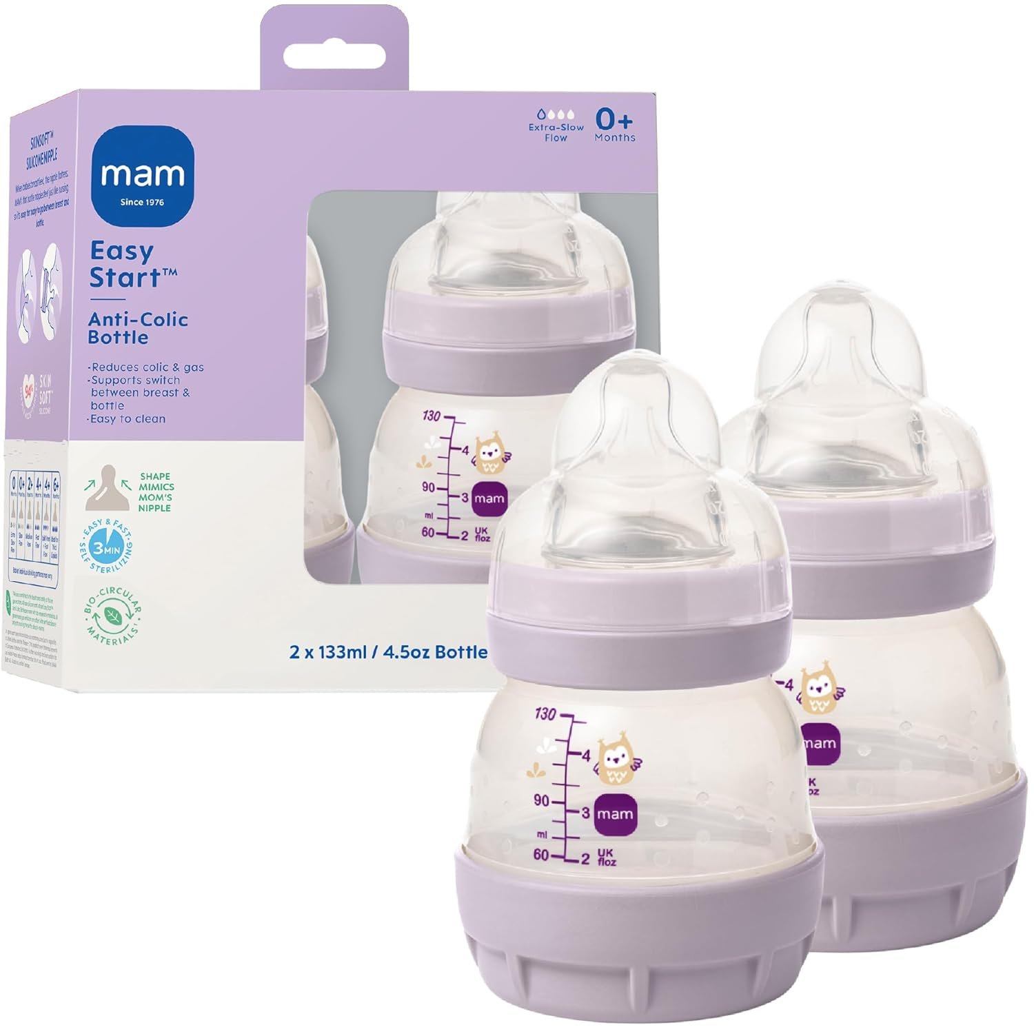 MAM 4.5oz Easy Start Anti-Colic+ Wide Neck Vented Baby Bottle, Extra Slow Flow Breastfeeding-Like Silicone Nipple, Reduces Colic, Gas & Reflux, Easy to Clean, BPA Free, 0+ Months, Girl