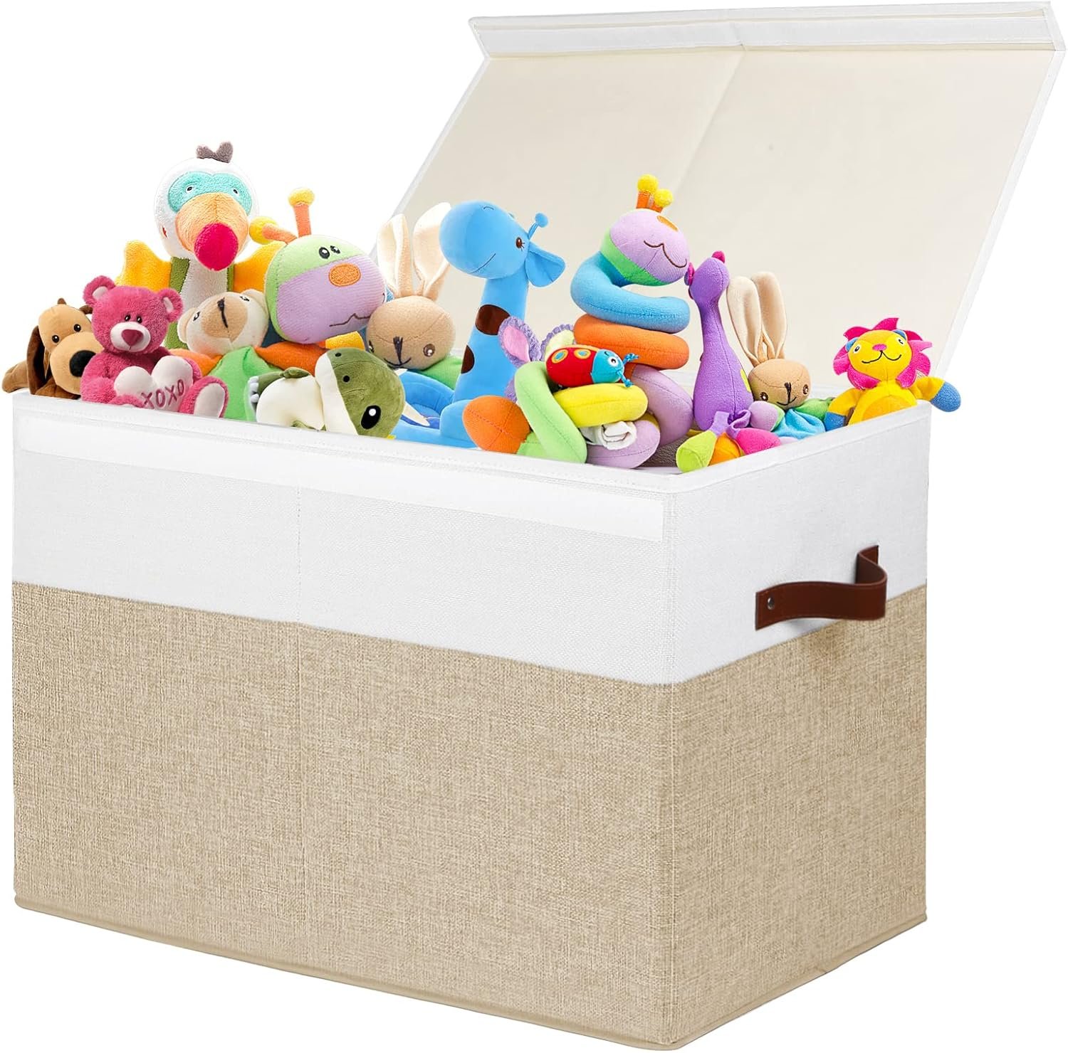 Gowee Large Toy Storage Box with Lid, Sturdy Toys Storage Chest Bin Organizer Basket with Dividers for Kids, Boys, Girls, Nursery, Closet, Bedroom, Playroom 25″x13″ x16″ (Beige and White)