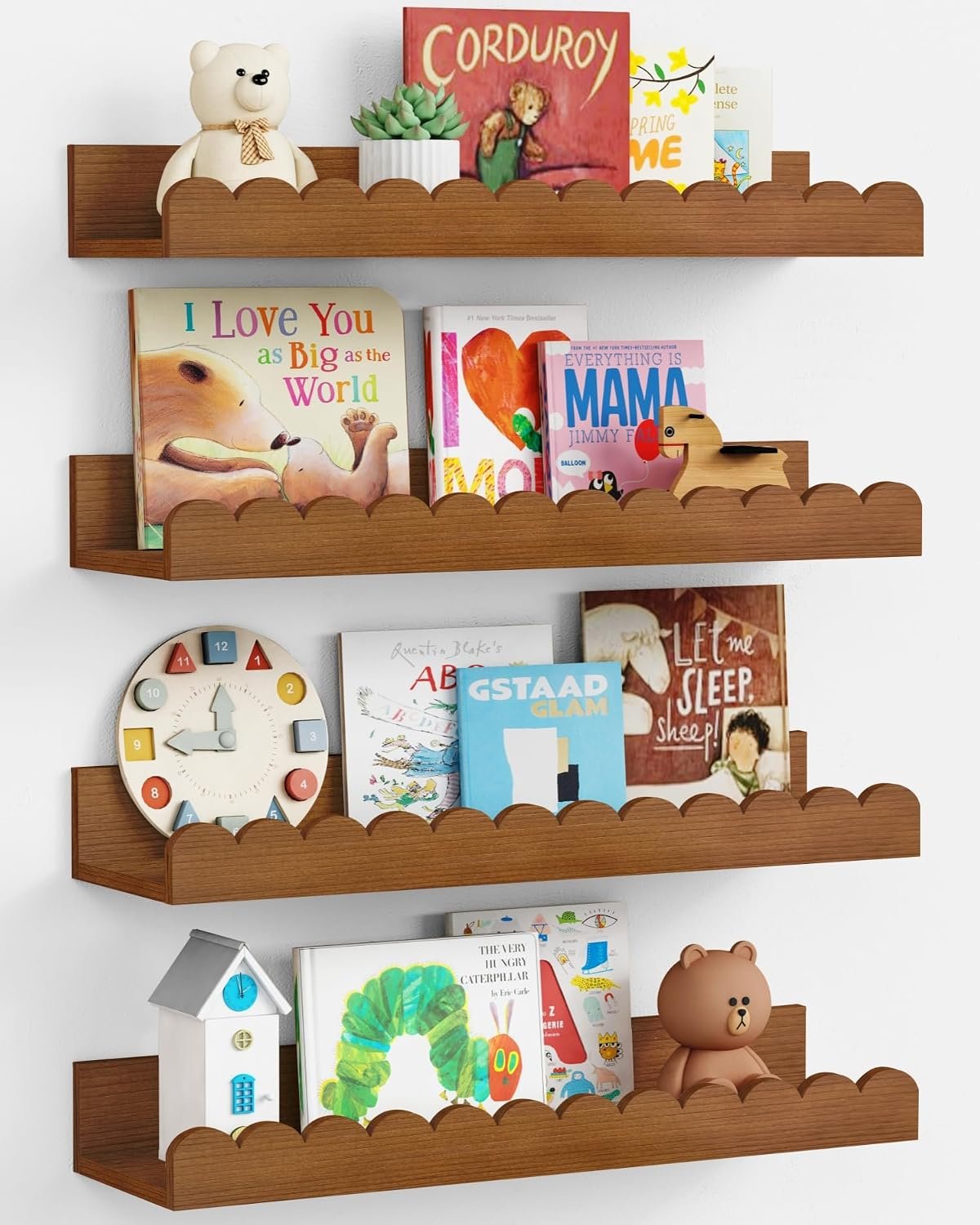 Harwaya Walnut Nursery Book Shelves Wall Set of 4, Dark Wood Scalloped Floating Bookshelf for Wall, Cloud Wooden Hanging Shelving Unit for Kids Bedroom Baby Child Toddler Room Kitchen (Walnut Brown)