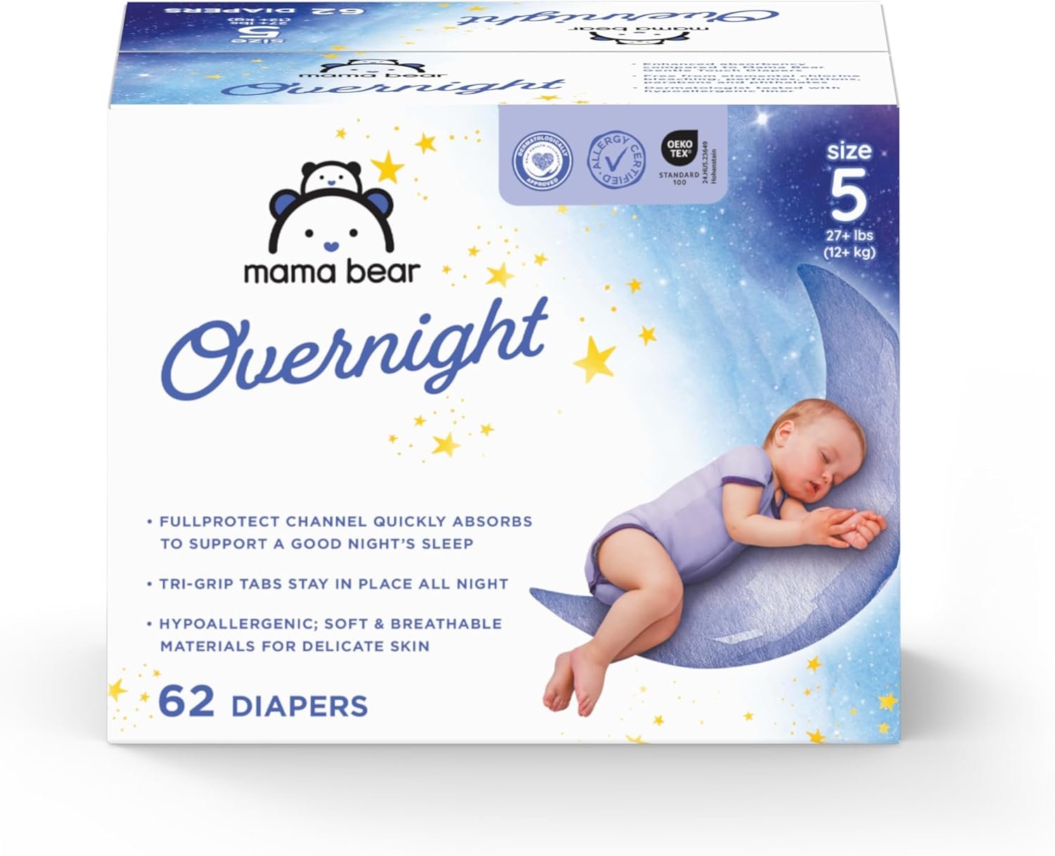 Amazon Brand – Mama Bear Overnight Baby Diapers with Leak Protection and Skin Protection, Fragrance-Free, Size 5, 62 Count, Maximum Absorbency