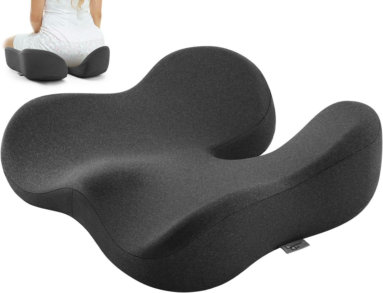 Seat Cushion for Tailbone & Sciatica Pain Relief – Certified & Ergonomist-Designed – Tapered Front Edge Reduces Thigh Pressure – Wide Memory Foam for Office Chair, Car, Wheelchair (Gray)