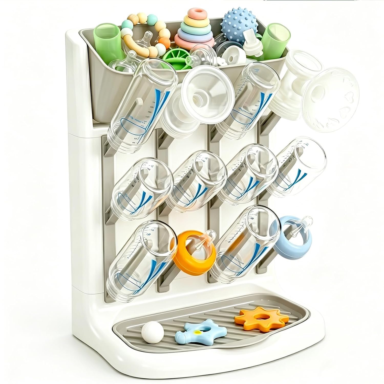 GoMaihe Baby Bottle Drying Rack: Space Saving Vertical Bottle Dryer Holder – The Large Top Compartment Storage Stand Organize Brushes Pacifiers on Countertop – BPA-Free – Gray