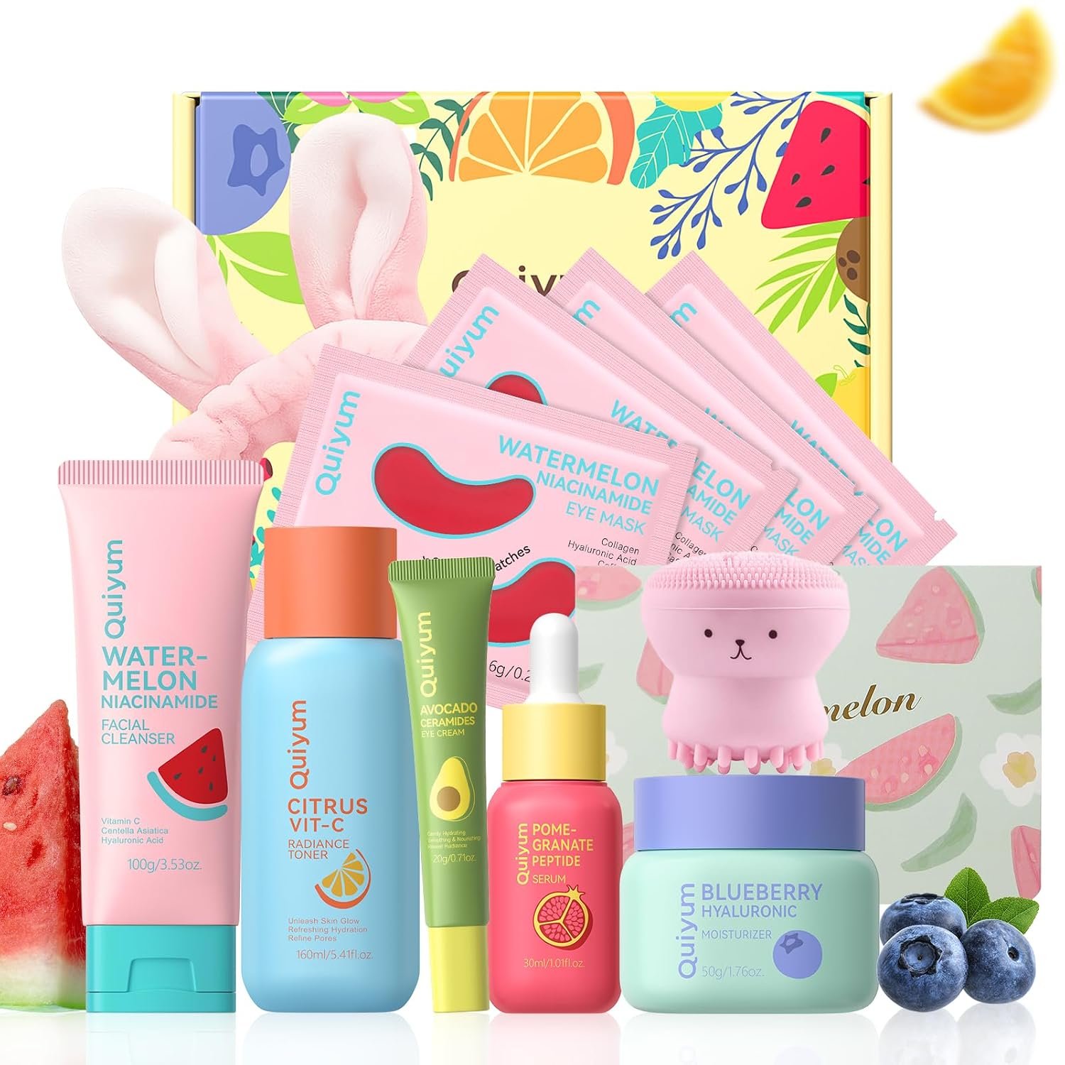 QUIYUM Early Anti-Aging Skincare Set, for Light Mature Skin, 6-Piece | Natural Fruit Kit with Peptide, Vitamin C & Ceramide – Reduces Fine Lines & Dull Skin, Gifts for Young Women