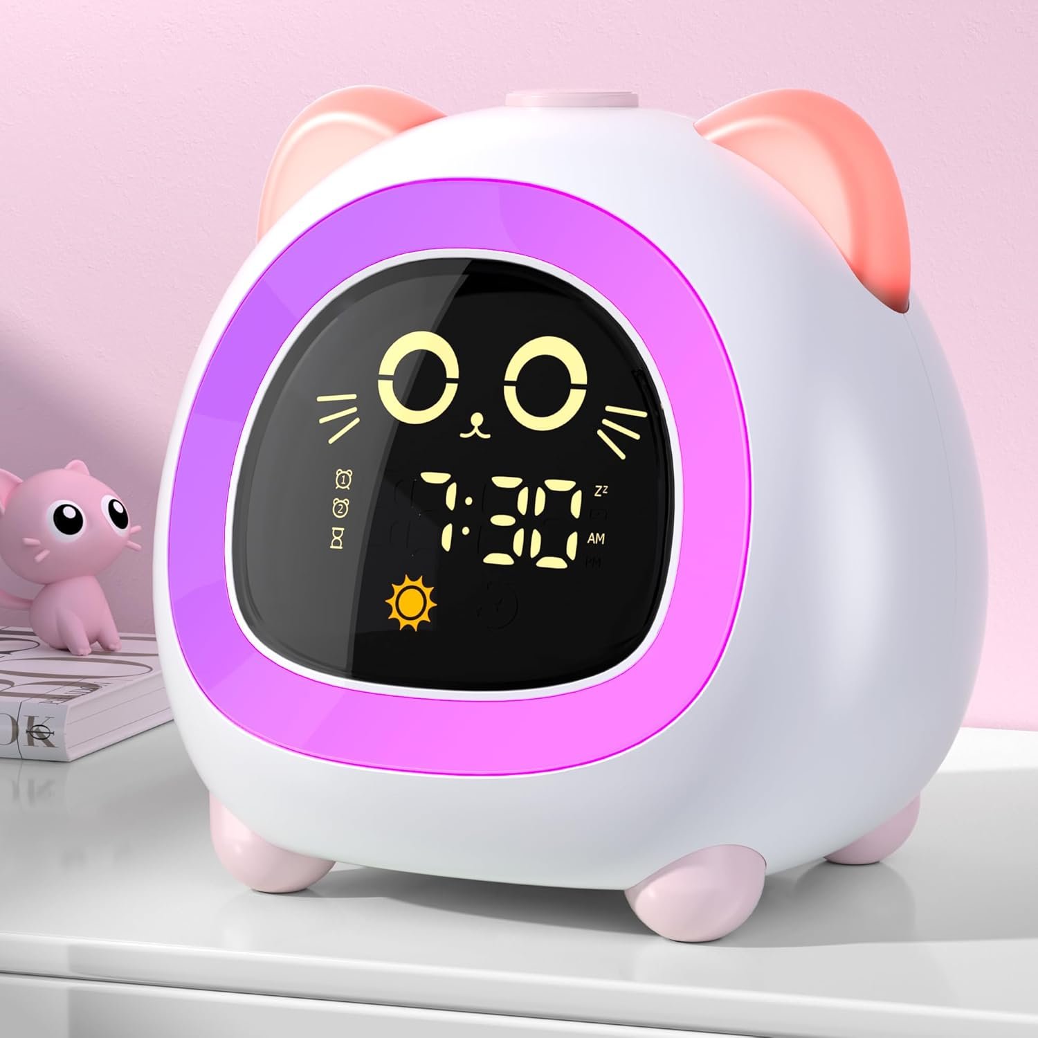 ANALOI Alarm Clock for Kids, Ok to Wake Clock for Kids with Eye Protection Sleep Training Auto Off Feature 10 Night Light Dual Alarm for Bedroom, Kids Alarm Clock Pink Cat Gifts for Girls