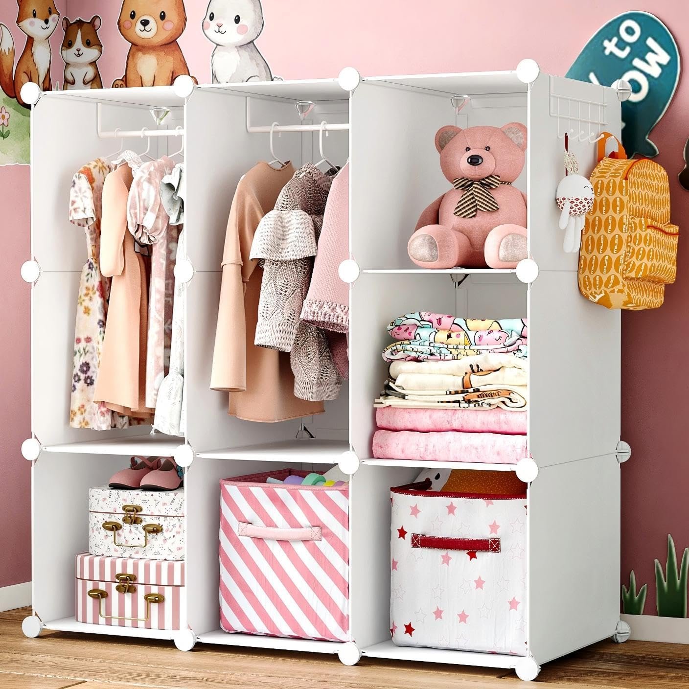 Portable Baby Wardrobe Closet Lightweight Kids Storage Organizer with Side Hooks – DIY Modular Small Toy & Clothing Organizer, 35.4×15.7×35.4 Inches(White)